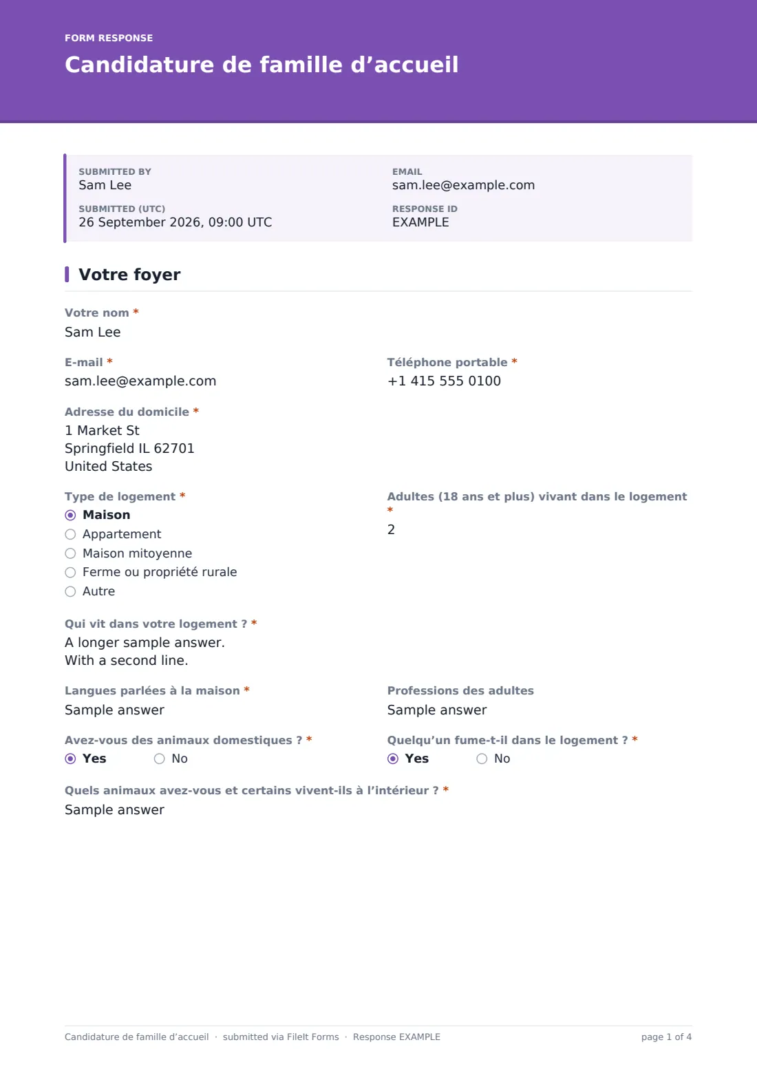 Candidature de famille d’accueil — exemple de réponse au format PDF, page 1 sur 4