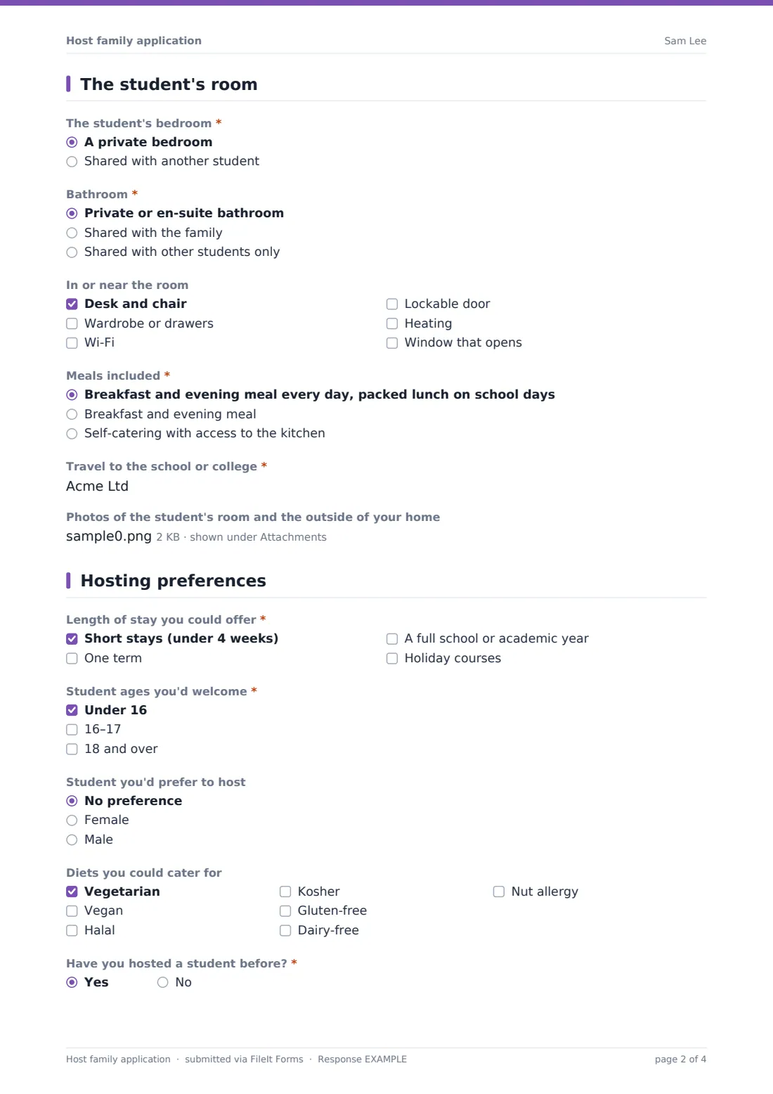 Host family application — example response PDF, page 2 of 4