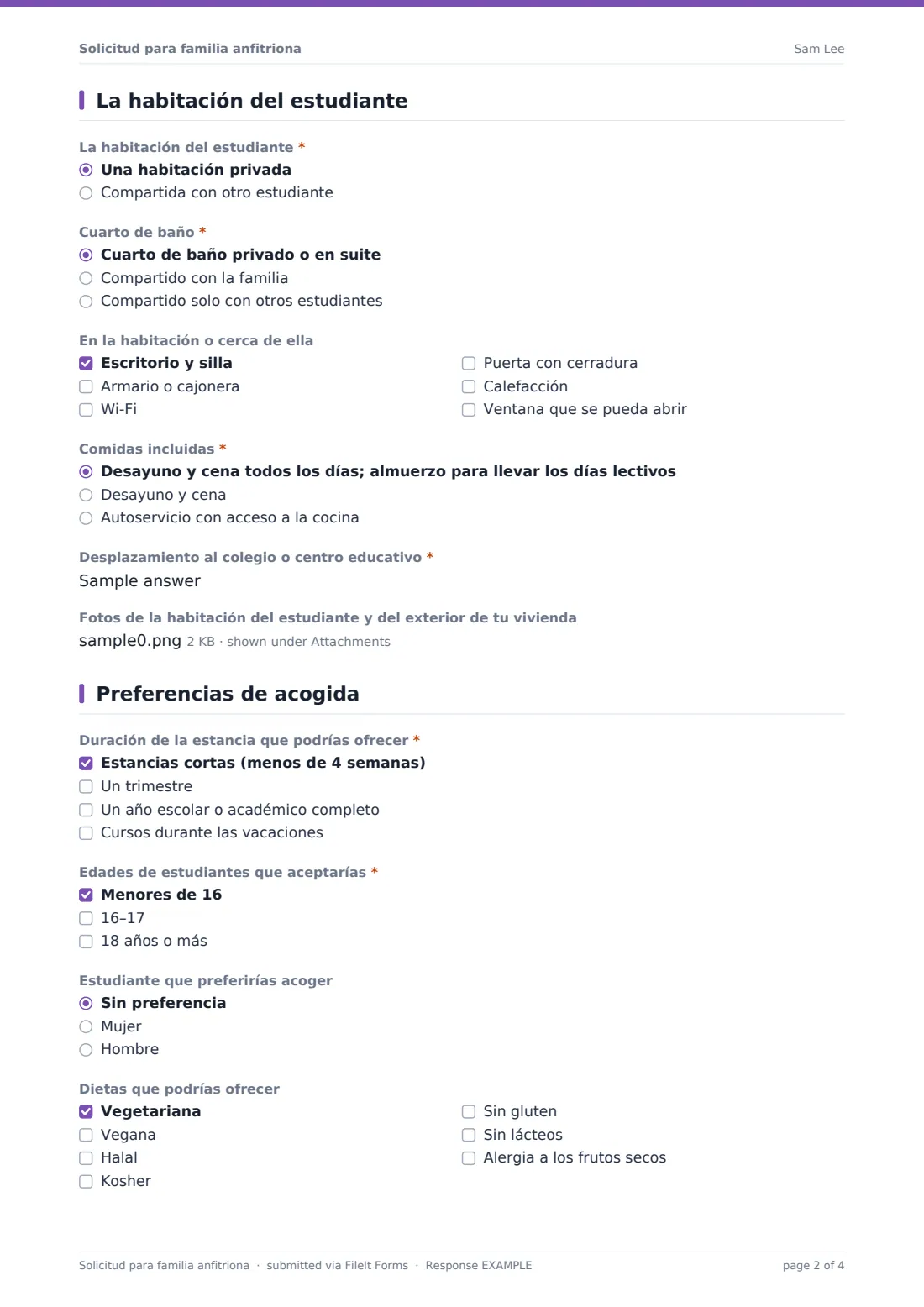 Solicitud para familia anfitriona — PDF de respuesta de ejemplo, página 2 de 4