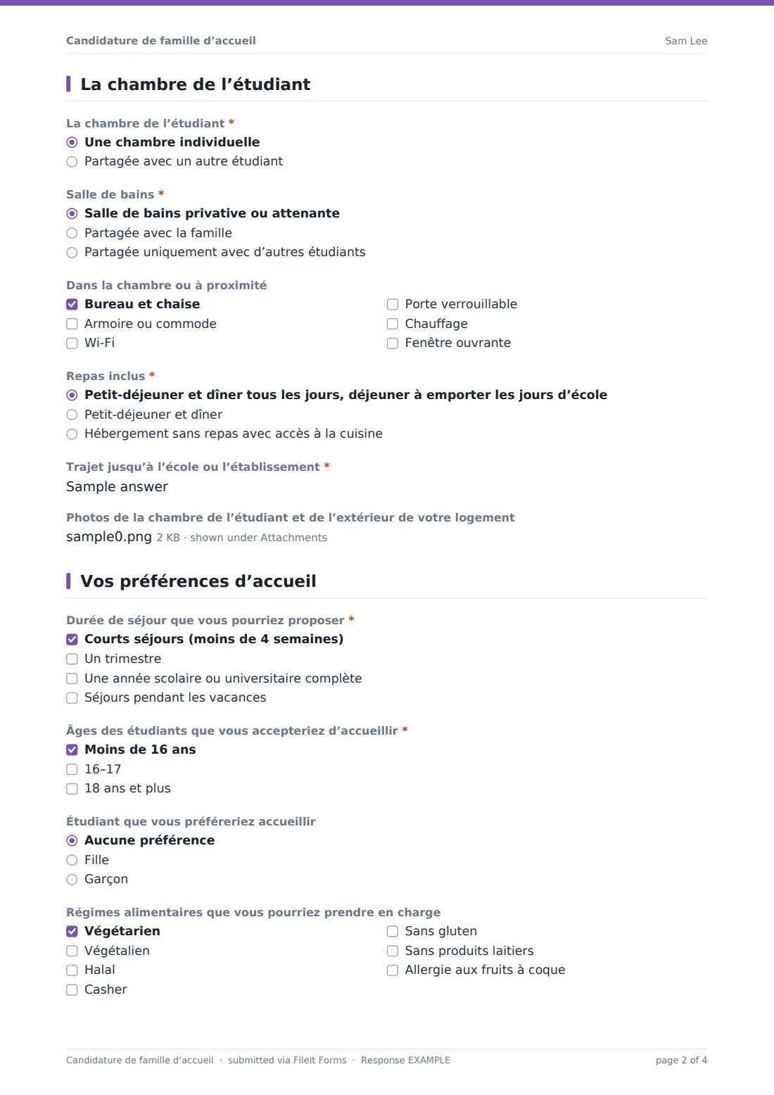 Candidature de famille d’accueil — exemple de réponse au format PDF, page 2 sur 4