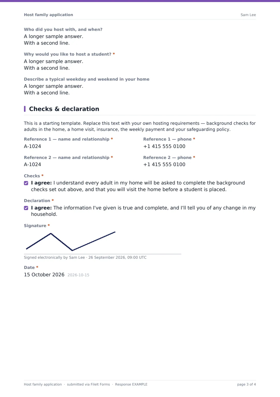 Host family application — example response PDF, page 3 of 4