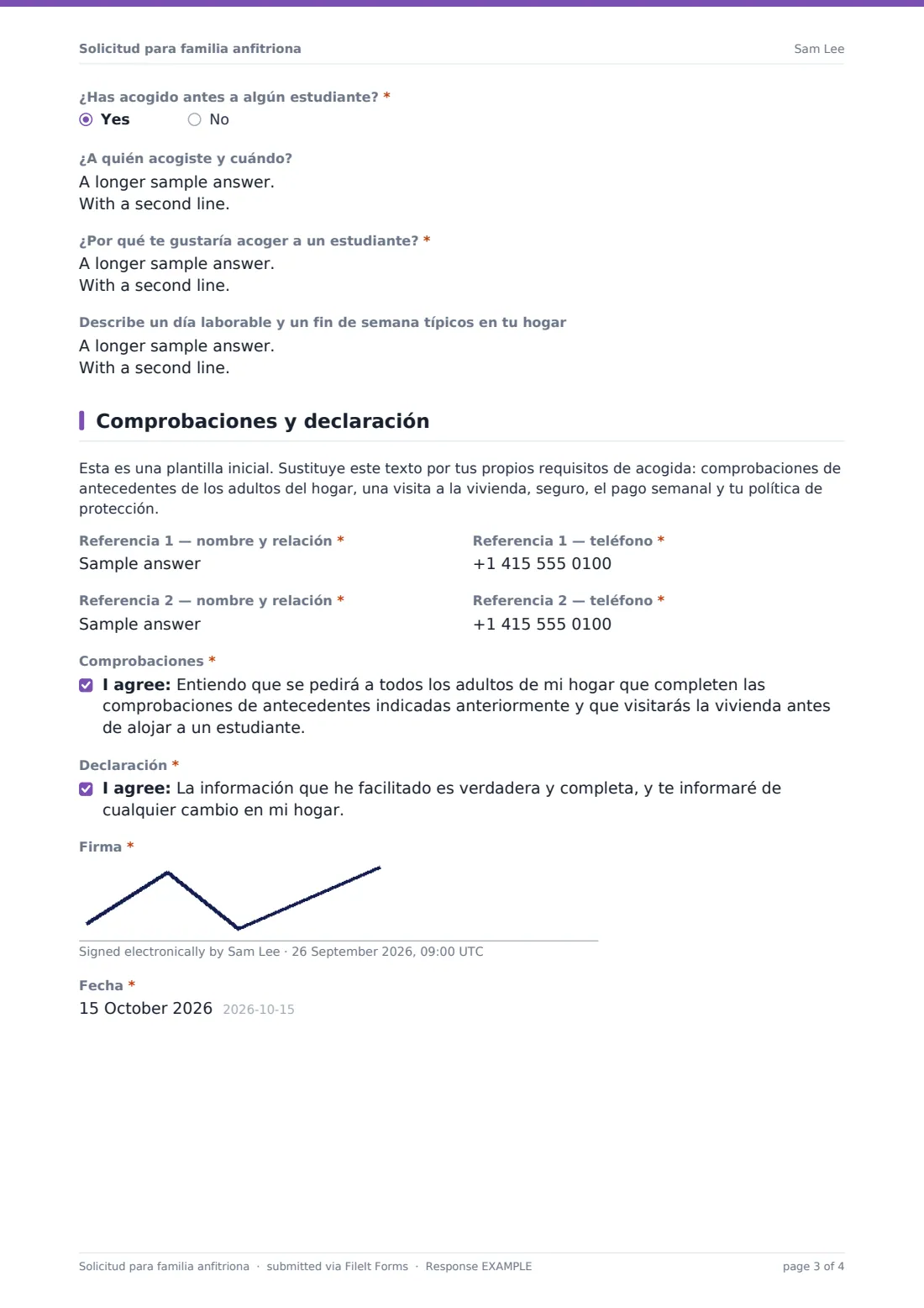 Solicitud para familia anfitriona — PDF de respuesta de ejemplo, página 3 de 4