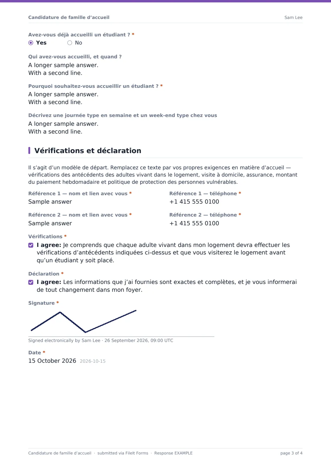 Candidature de famille d’accueil — exemple de réponse au format PDF, page 3 sur 4