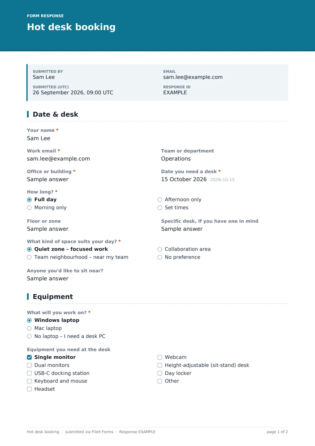 Hot desk booking — example response PDF, page 1 of 2