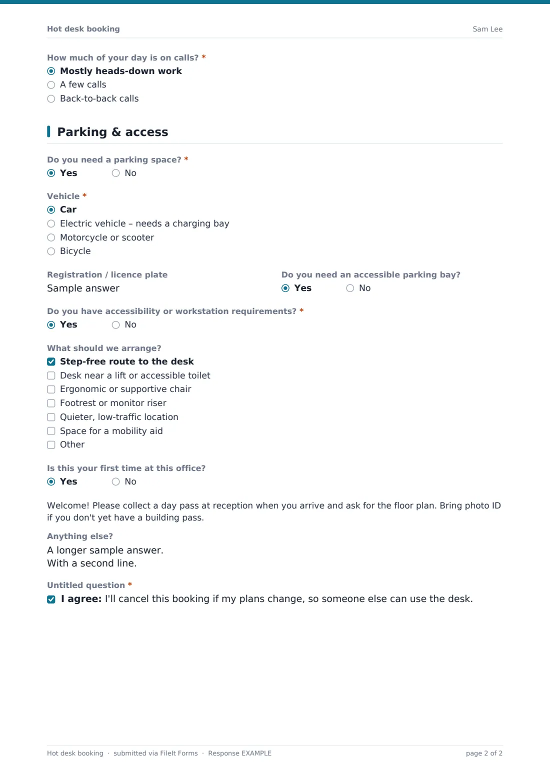 Hot desk booking — example response PDF, page 2 of 2
