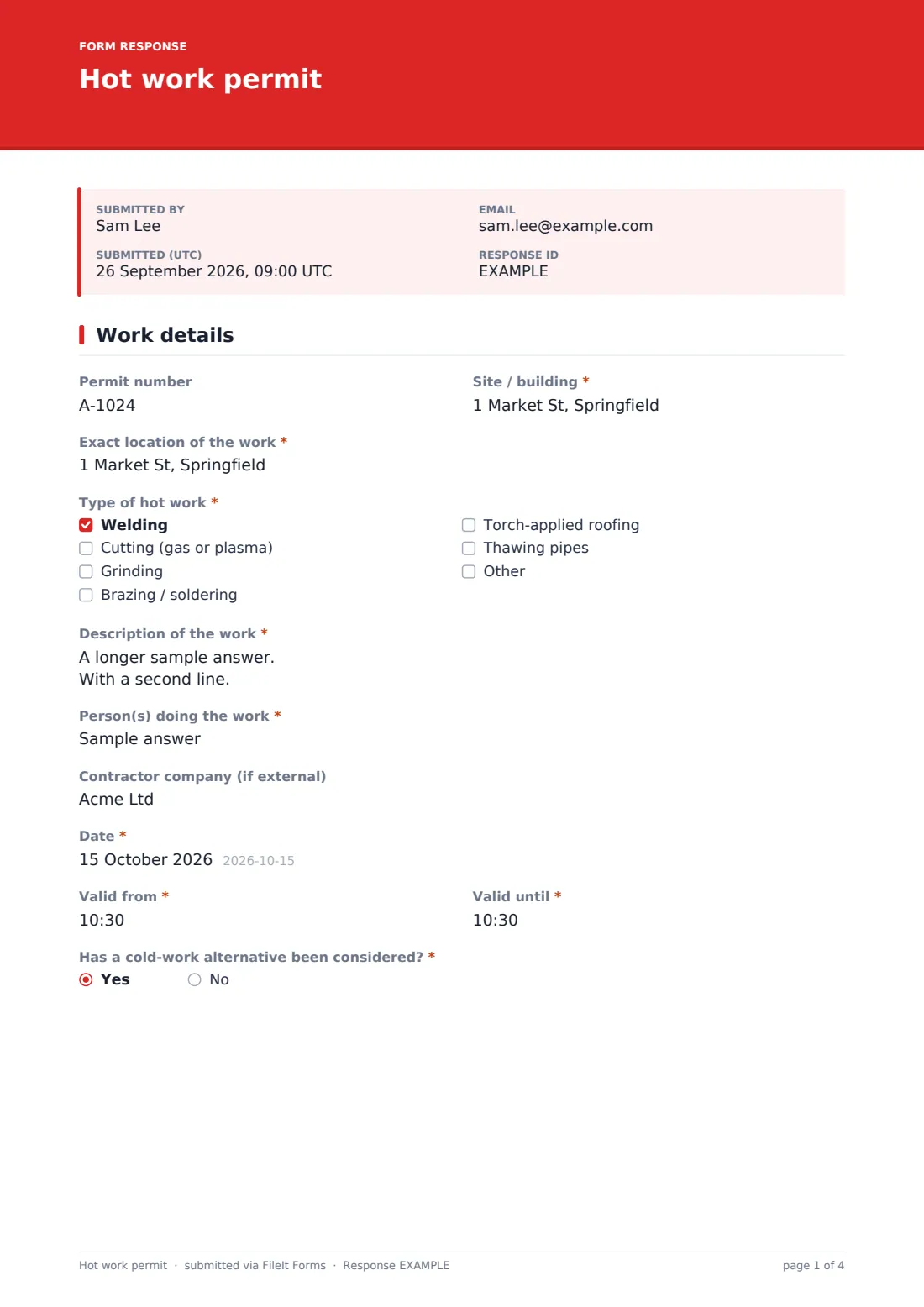 Hot work permit — example response PDF, page 1 of 4