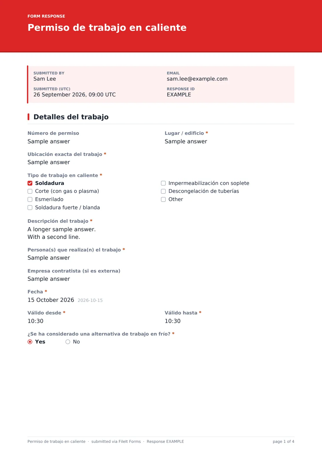 Permiso de trabajo en caliente — PDF de respuesta de ejemplo, página 1 de 4
