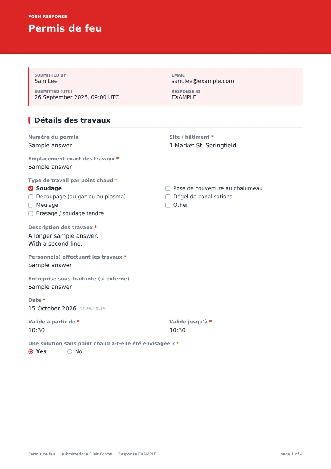 Permis de feu — exemple de réponse au format PDF, page 1 sur 4