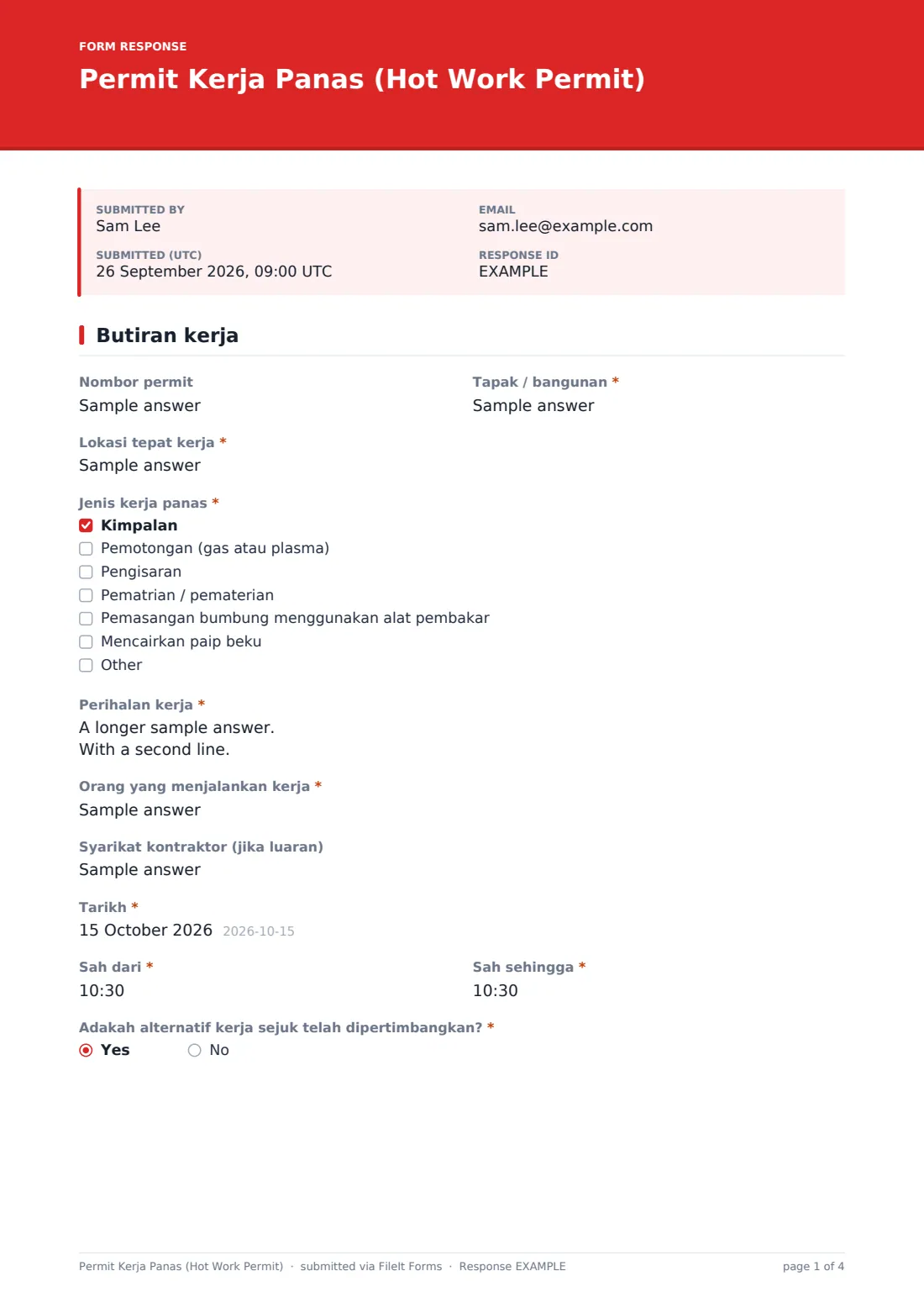 Permit Kerja Panas (Hot Work Permit) — PDF respons contoh, halaman 1 daripada 4