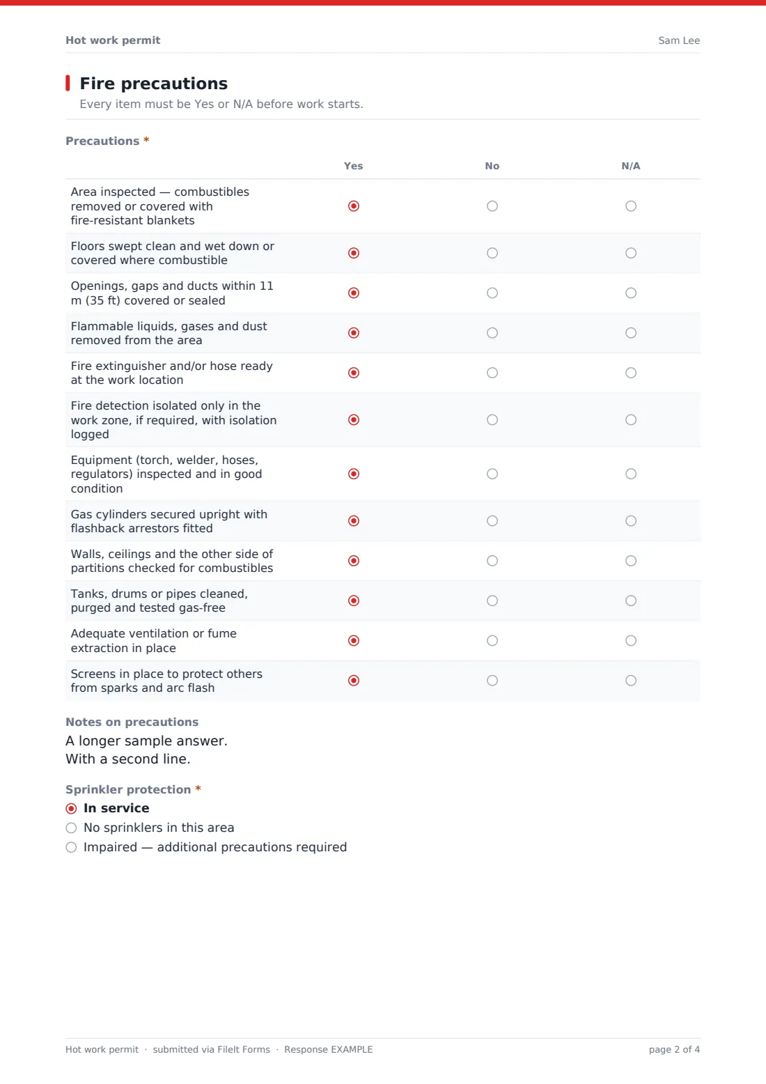 Hot work permit — example response PDF, page 2 of 4