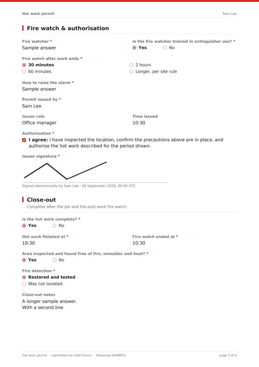 Hot work permit — example response PDF, page 3 of 4