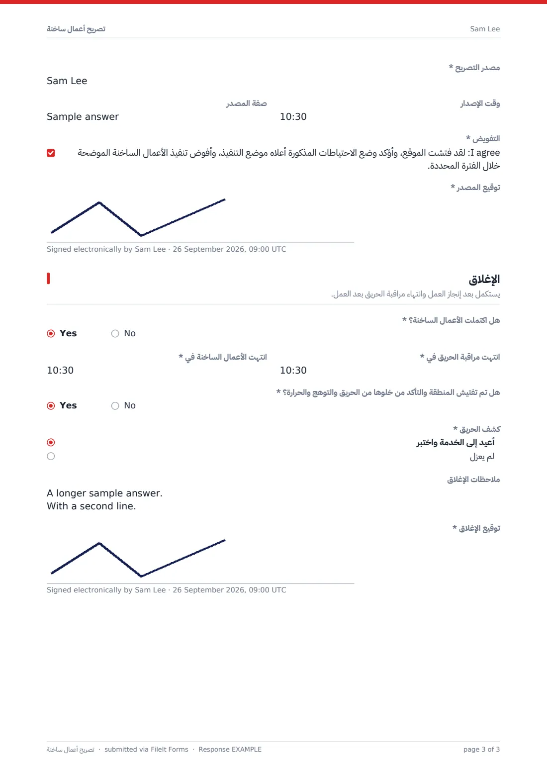 تصريح أعمال ساخنة — ملف PDF لرد نموذجي، الصفحة 3 من 3