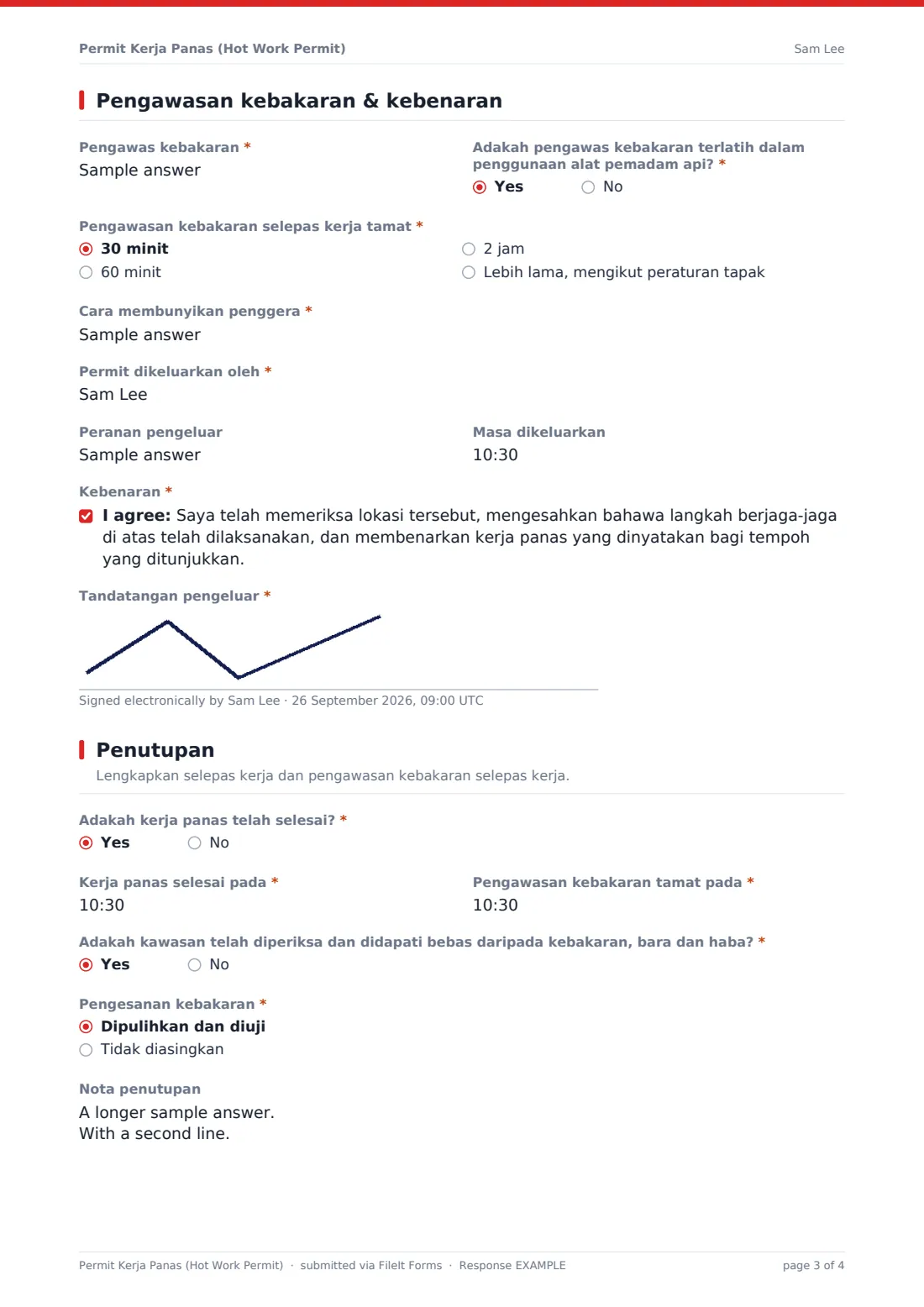 Permit Kerja Panas (Hot Work Permit) — PDF respons contoh, halaman 3 daripada 4