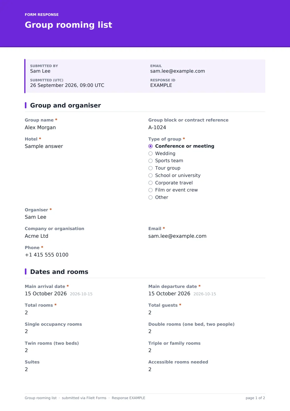 Group rooming list — example response PDF, page 1 of 2