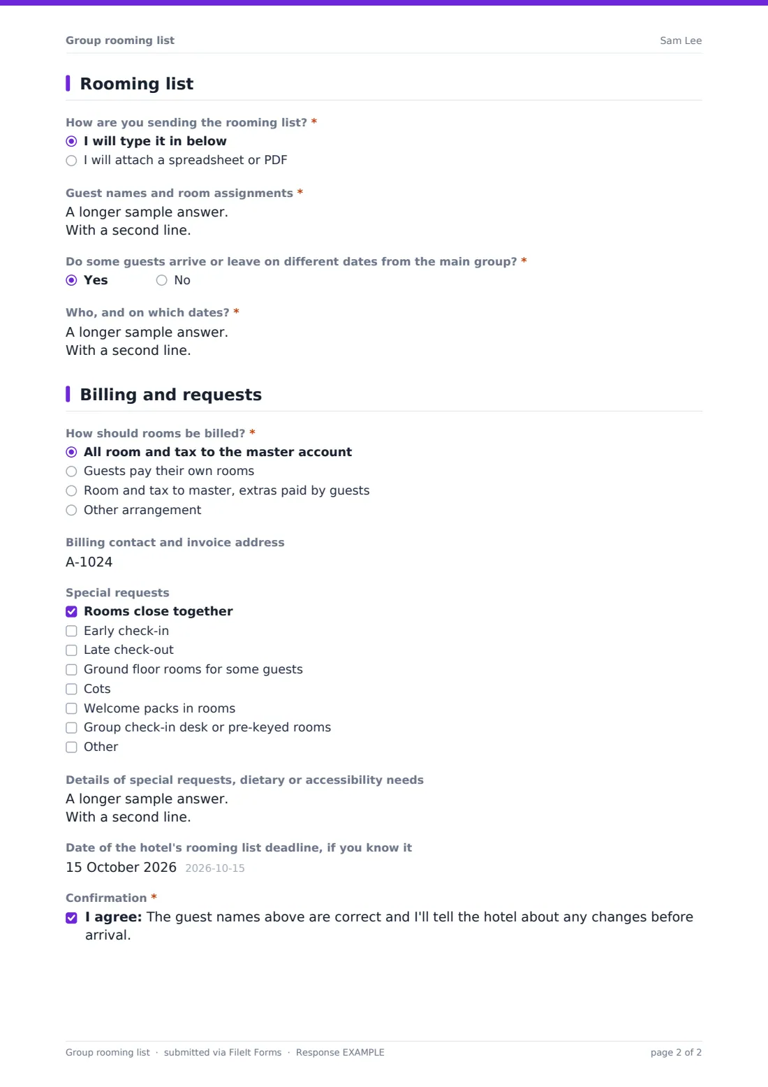 Group rooming list — example response PDF, page 2 of 2