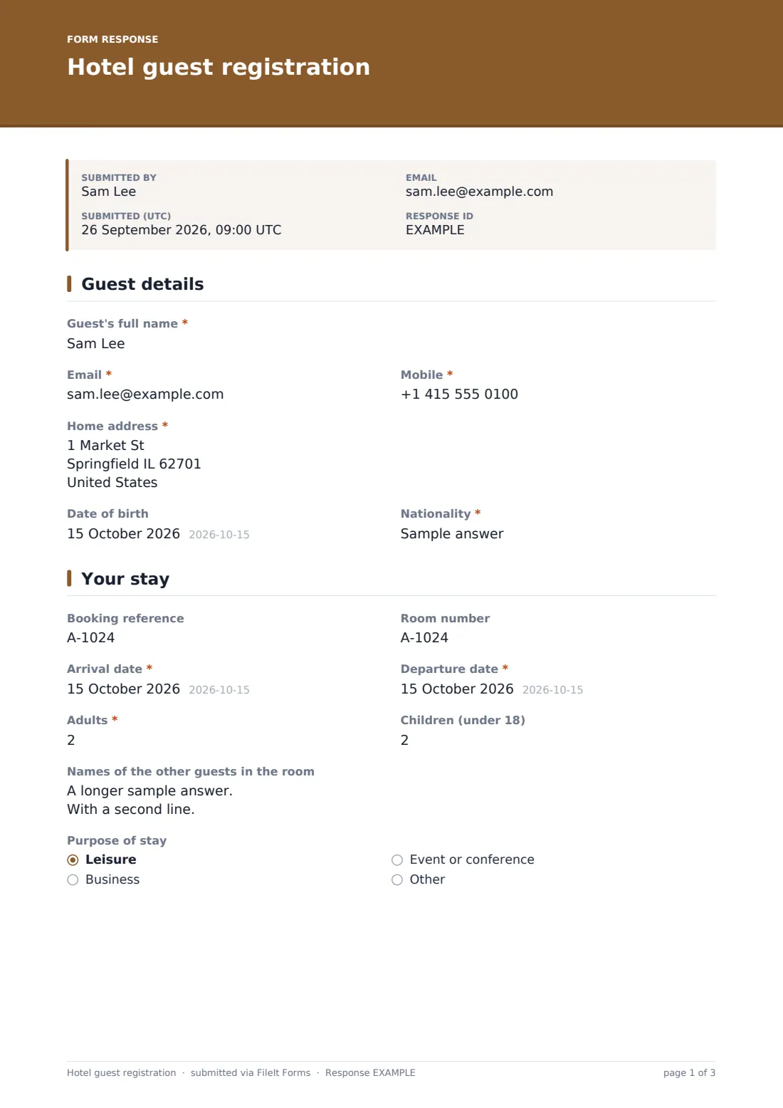 Hotel guest registration — example response PDF, page 1 of 3