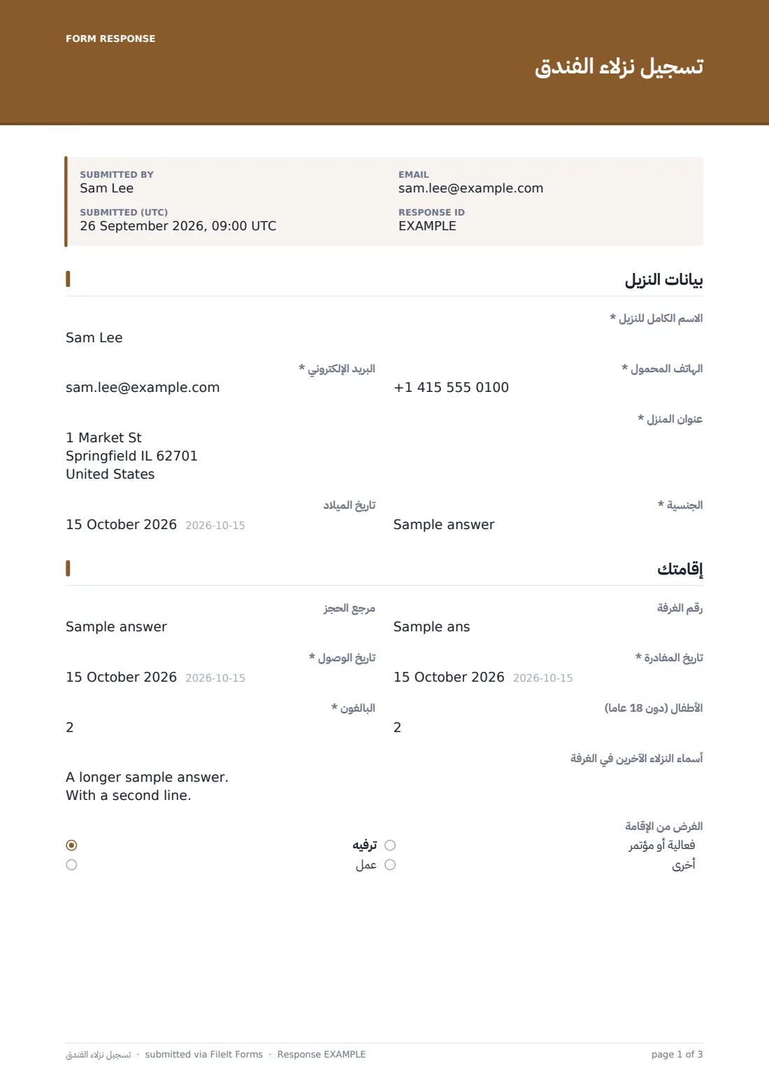 تسجيل نزلاء الفندق — ملف PDF لرد نموذجي، الصفحة 1 من 3