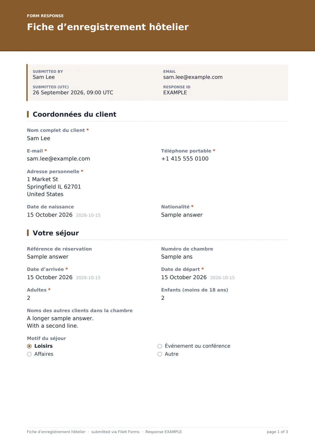Fiche d’enregistrement hôtelier — exemple de réponse au format PDF, page 1 sur 3
