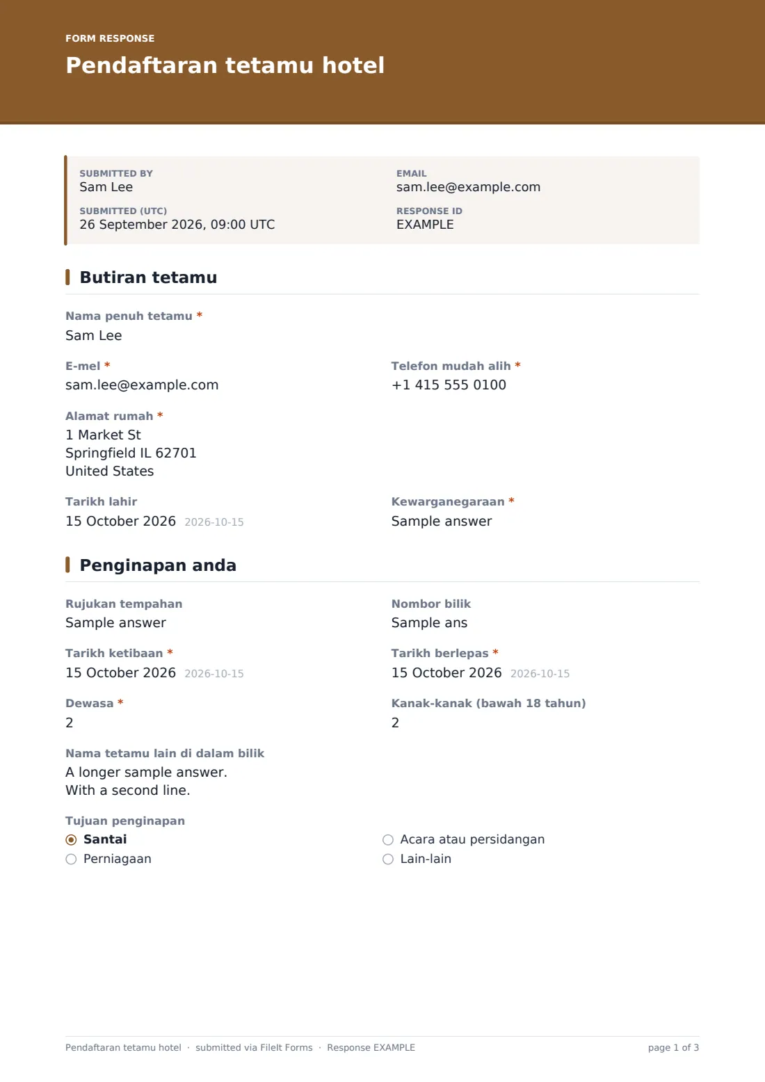 Pendaftaran tetamu hotel — PDF respons contoh, halaman 1 daripada 3