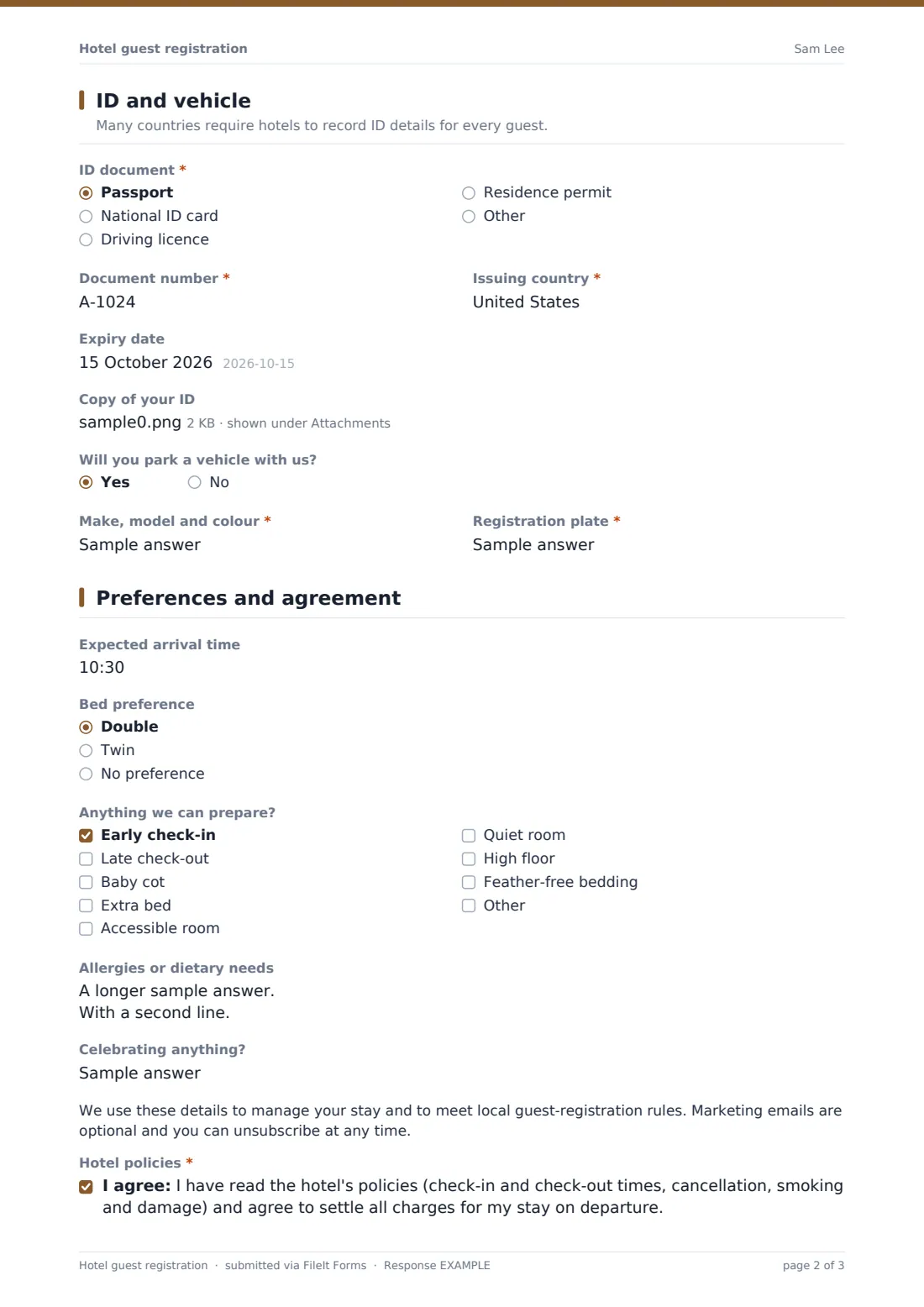 Hotel guest registration — example response PDF, page 2 of 3
