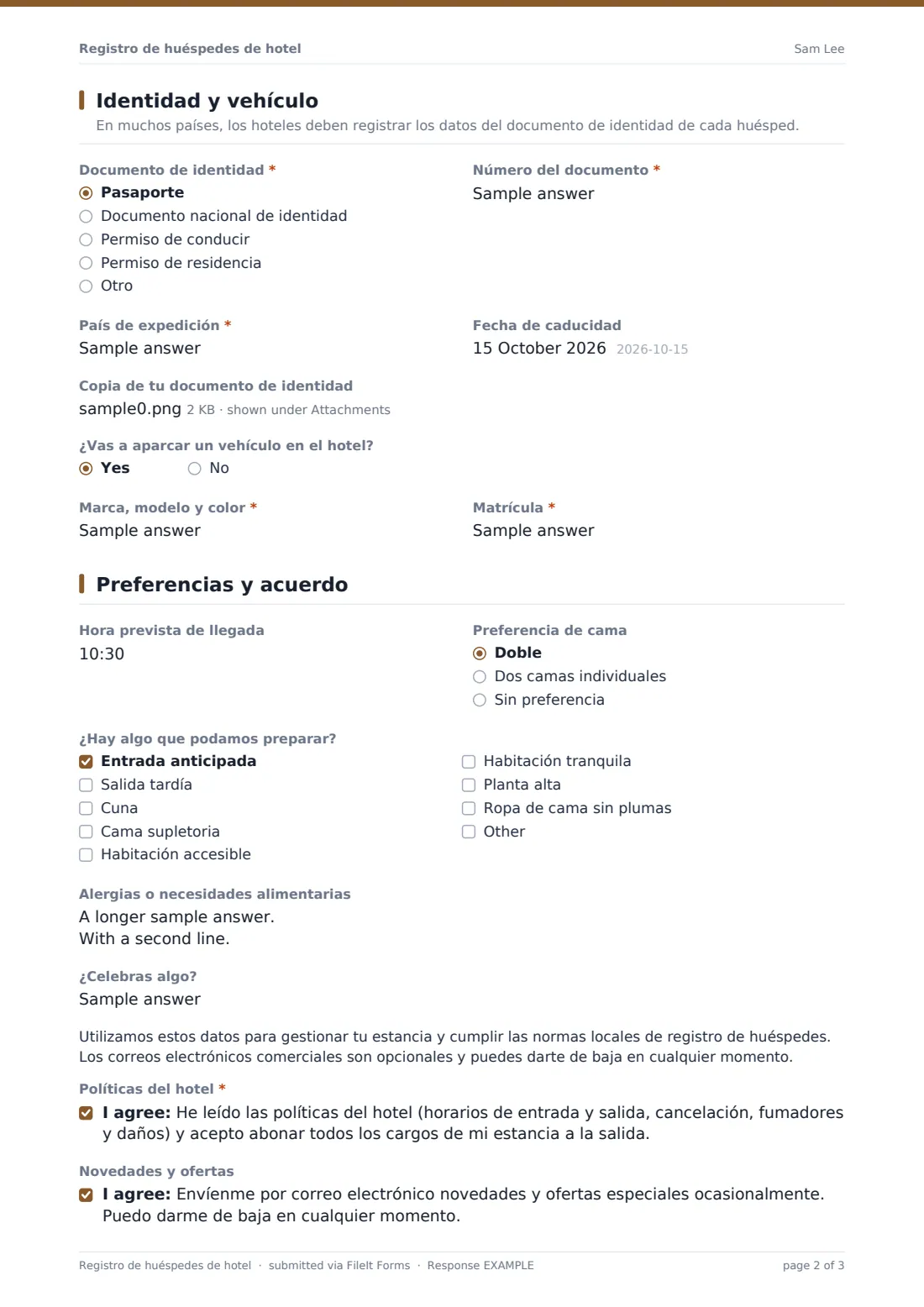 Registro de huéspedes de hotel — PDF de respuesta de ejemplo, página 2 de 3
