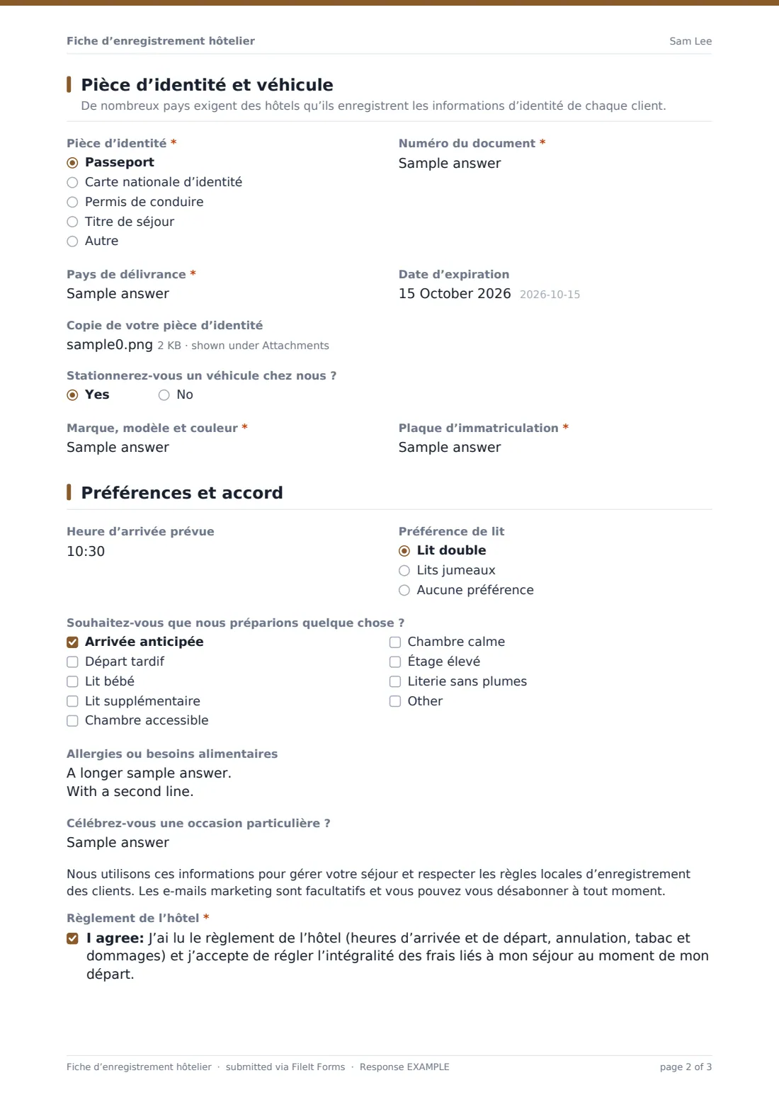 Fiche d’enregistrement hôtelier — exemple de réponse au format PDF, page 2 sur 3