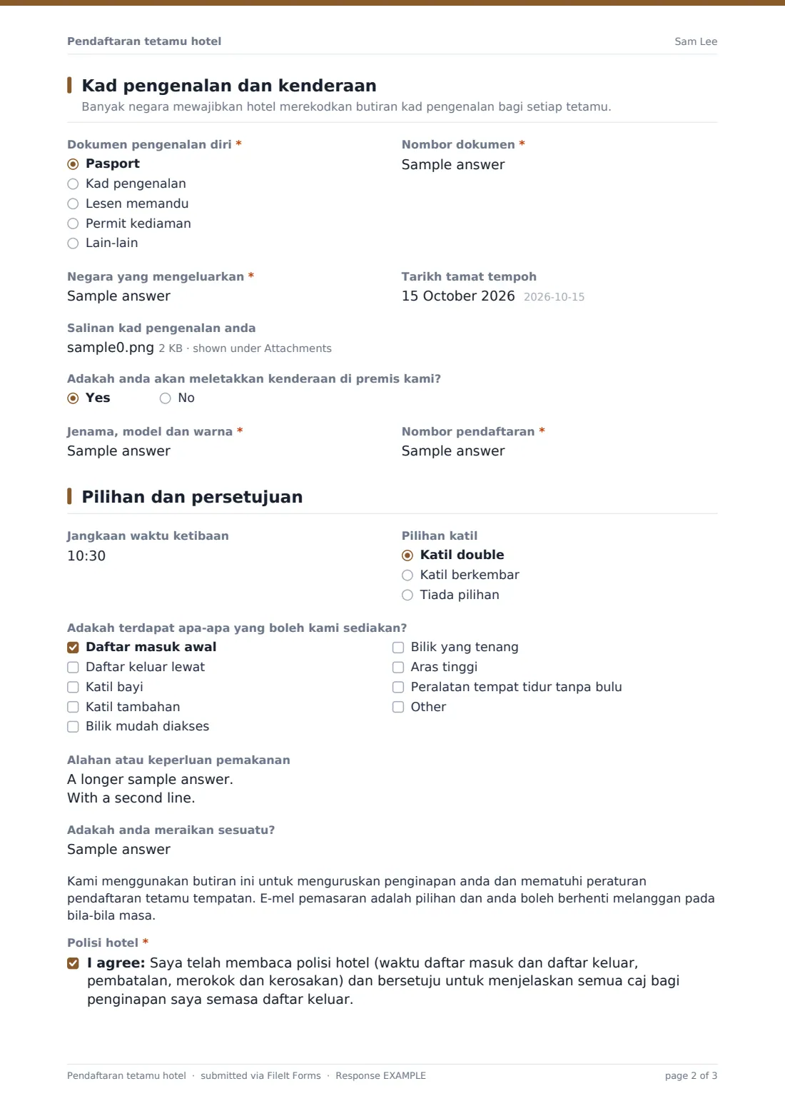Pendaftaran tetamu hotel — PDF respons contoh, halaman 2 daripada 3