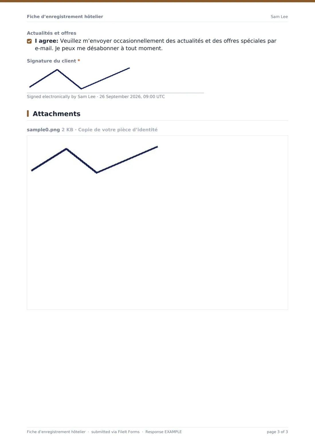 Fiche d’enregistrement hôtelier — exemple de réponse au format PDF, page 3 sur 3