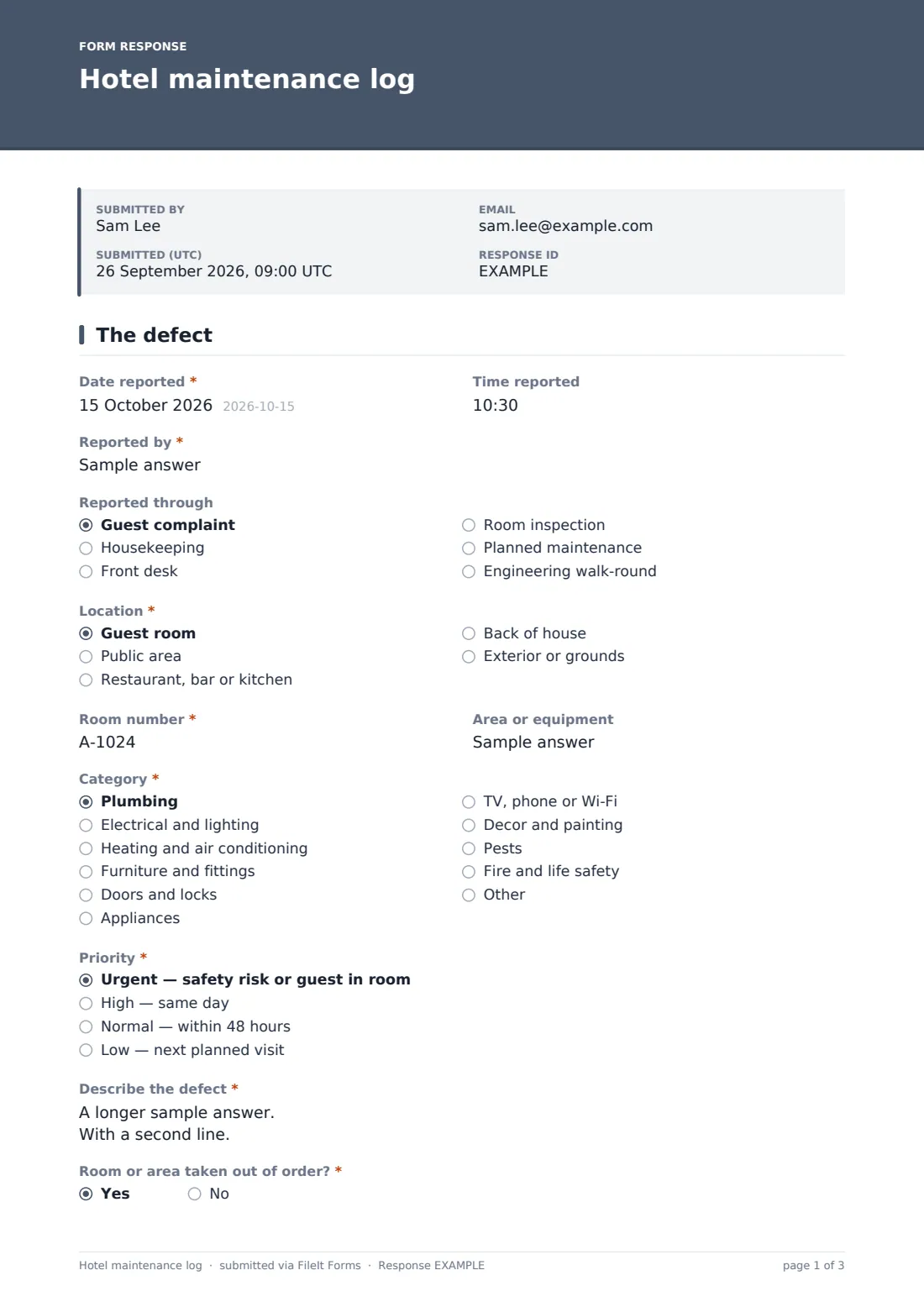 Hotel maintenance log — example response PDF, page 1 of 3