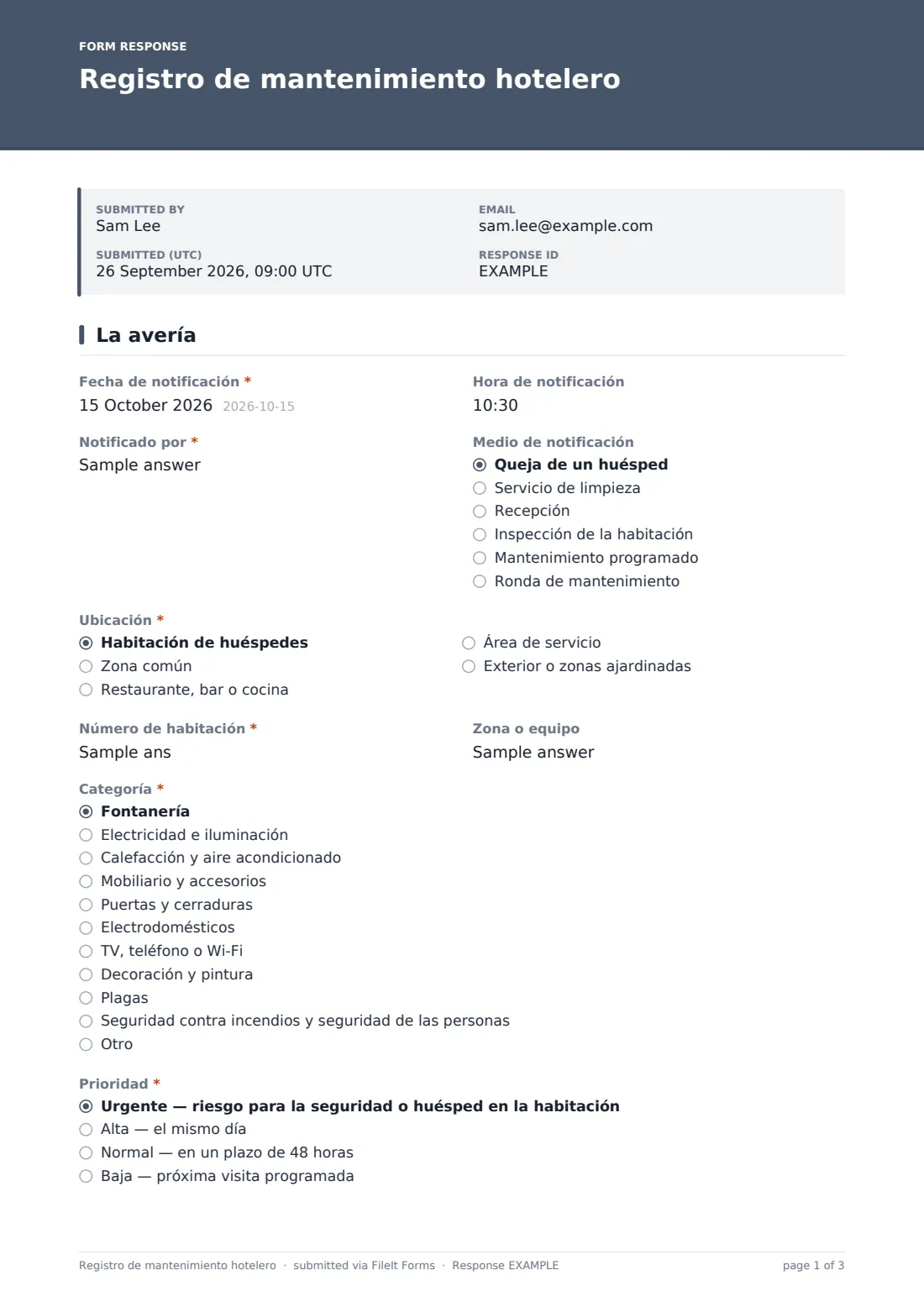 Registro de mantenimiento hotelero — PDF de respuesta de ejemplo, página 1 de 3