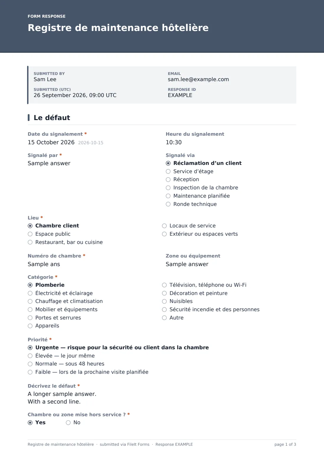 Registre de maintenance hôtelière — exemple de réponse au format PDF, page 1 sur 3