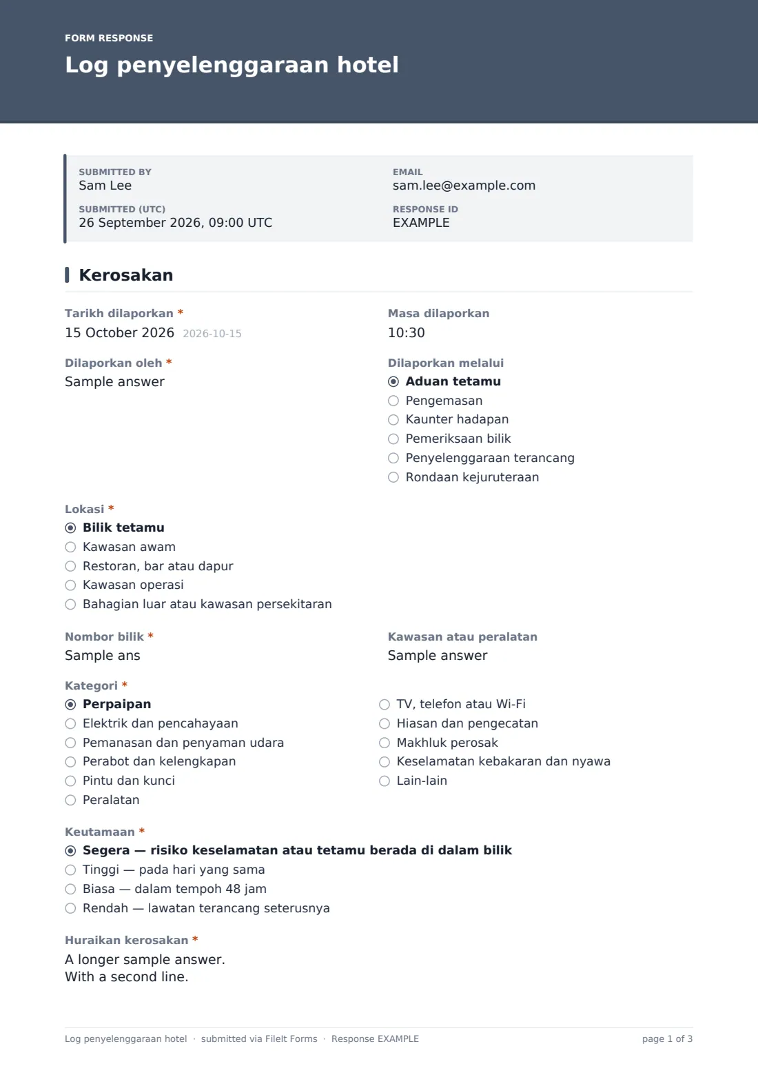 Log penyelenggaraan hotel — PDF respons contoh, halaman 1 daripada 3