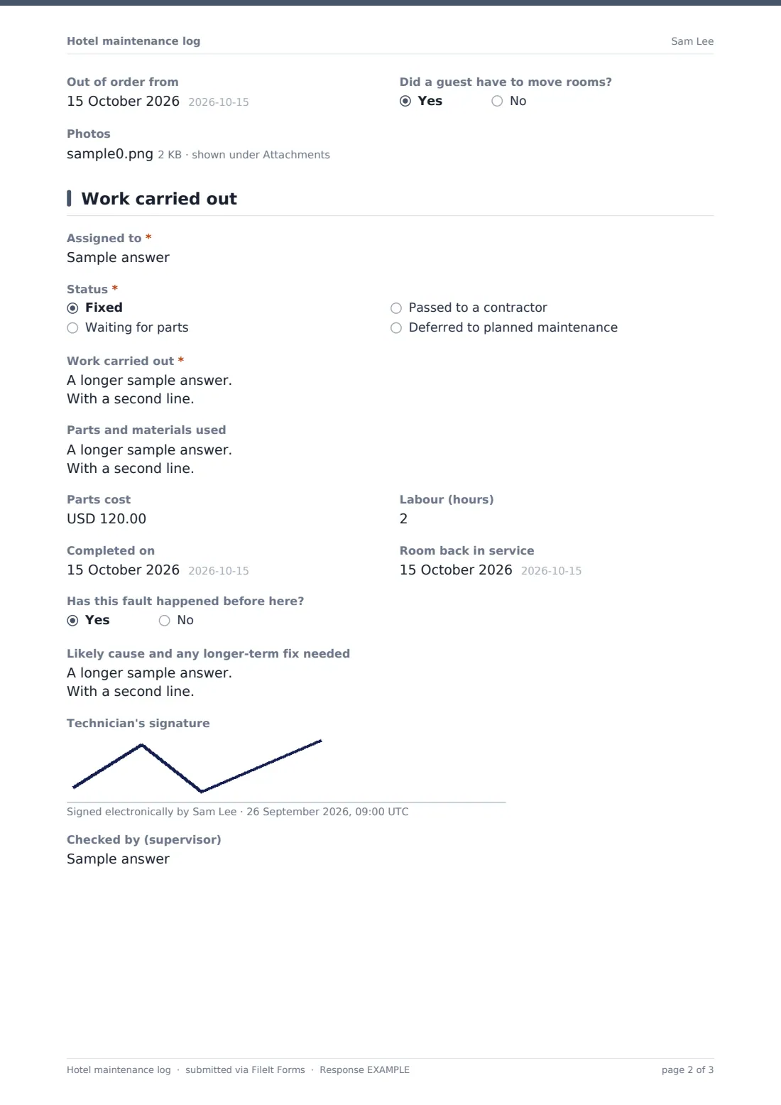 Hotel maintenance log — example response PDF, page 2 of 3