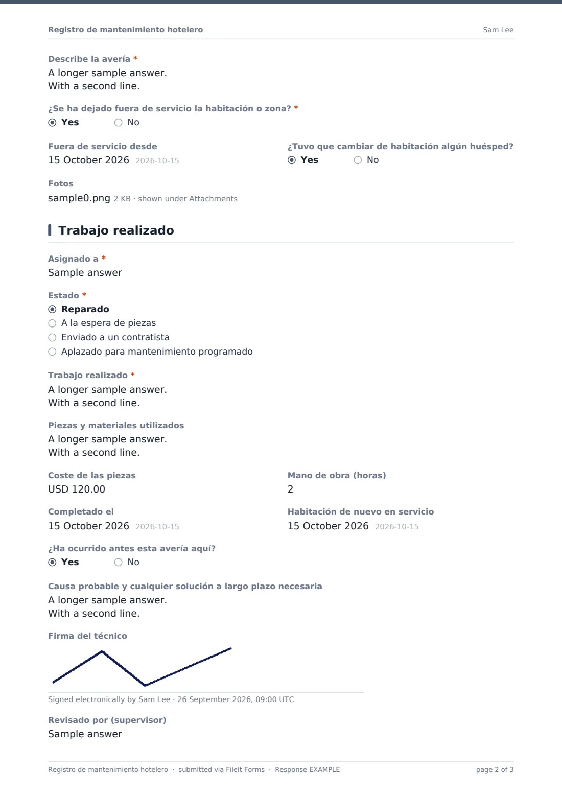 Registro de mantenimiento hotelero — PDF de respuesta de ejemplo, página 2 de 3