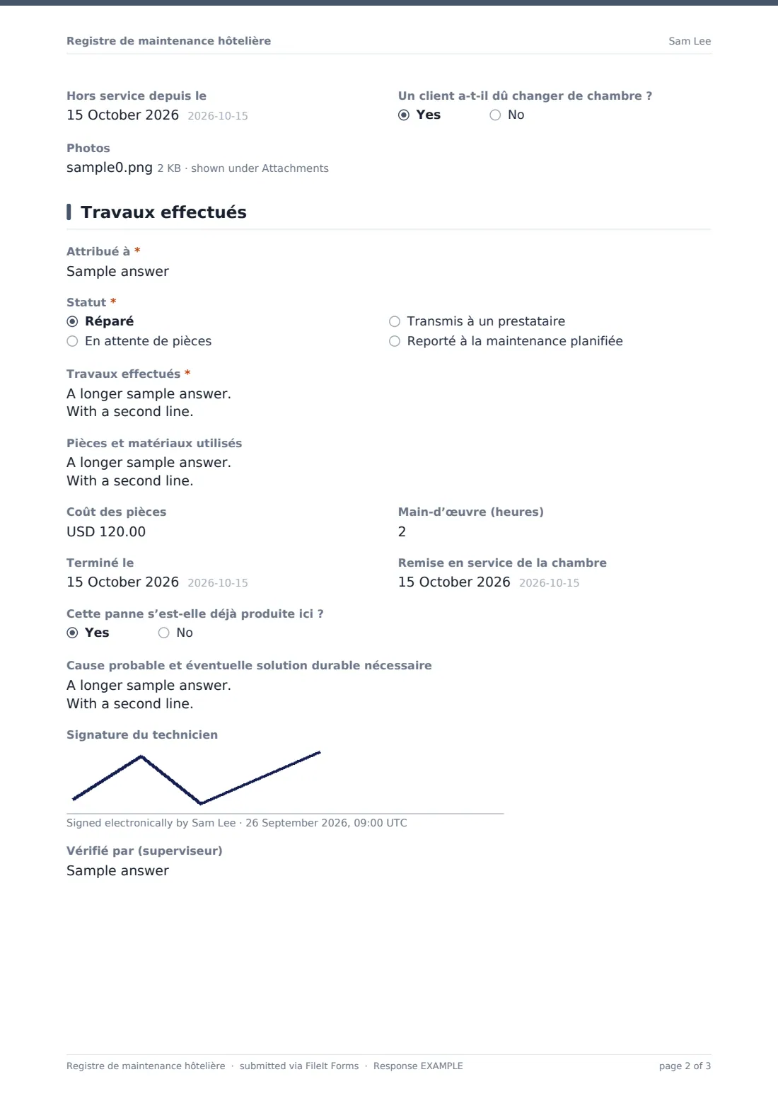 Registre de maintenance hôtelière — exemple de réponse au format PDF, page 2 sur 3