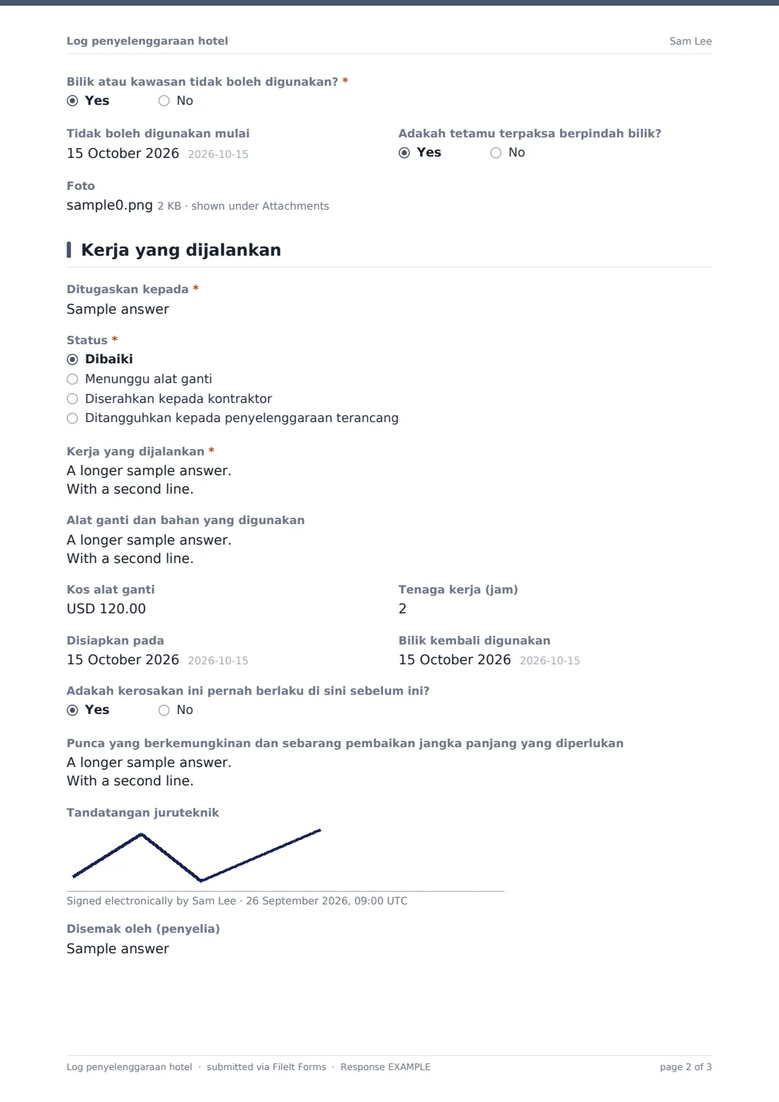 Log penyelenggaraan hotel — PDF respons contoh, halaman 2 daripada 3