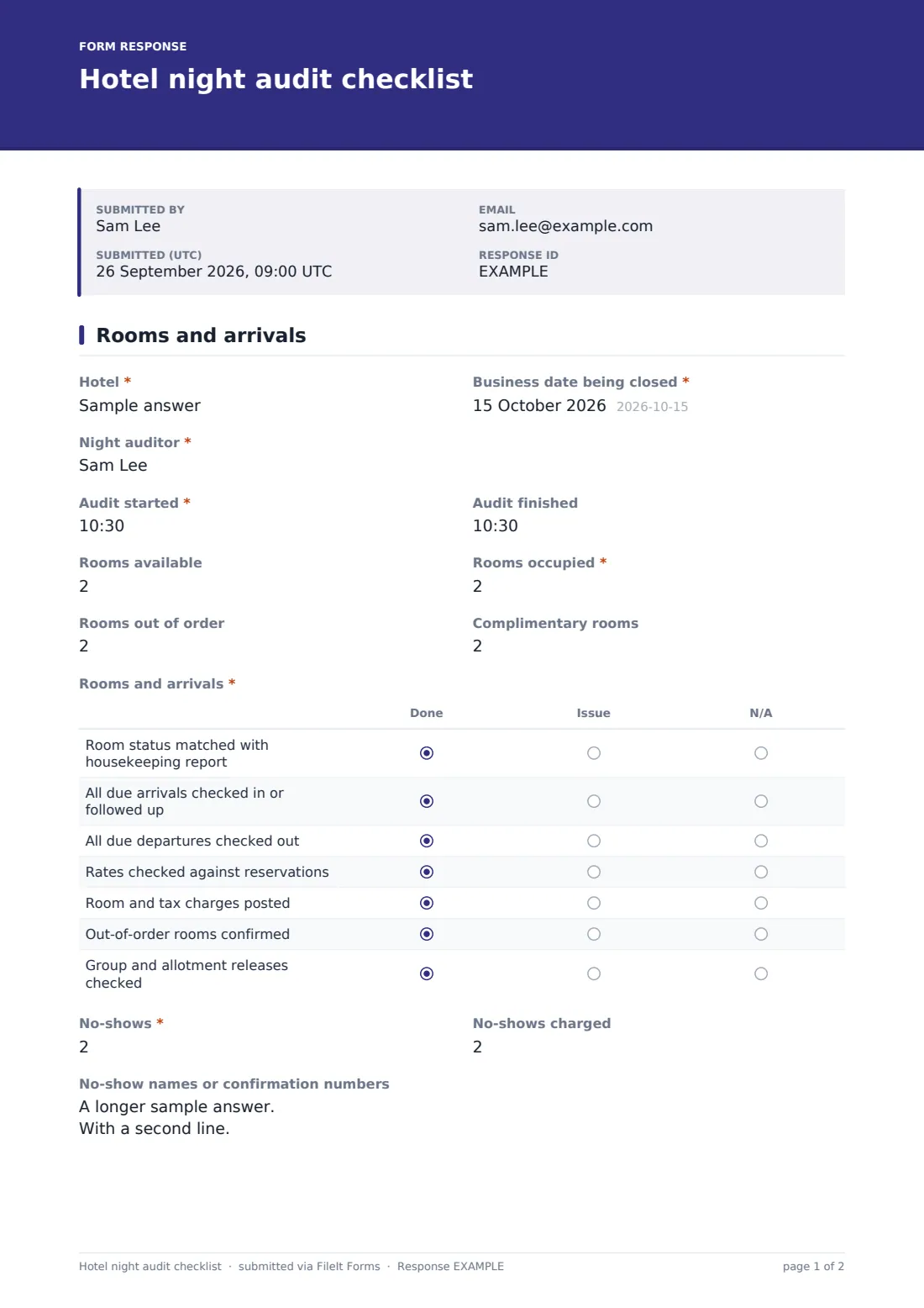 Hotel night audit checklist — example response PDF, page 1 of 2