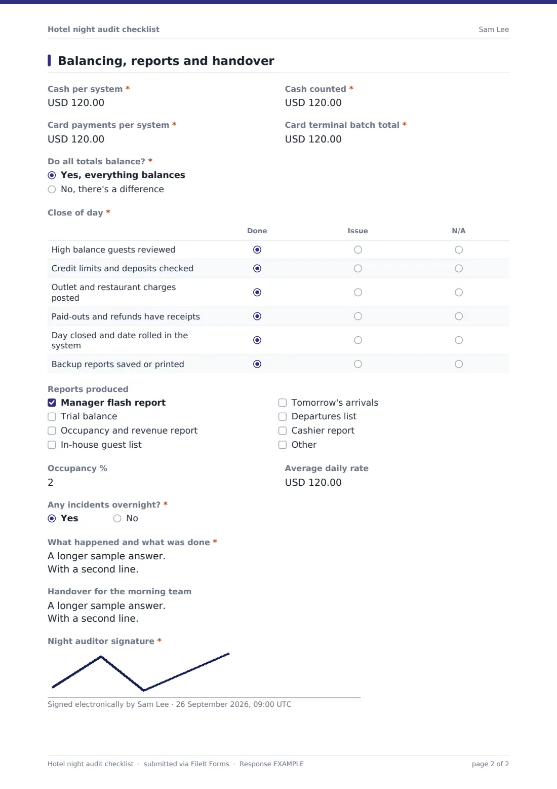 Hotel night audit checklist — example response PDF, page 2 of 2