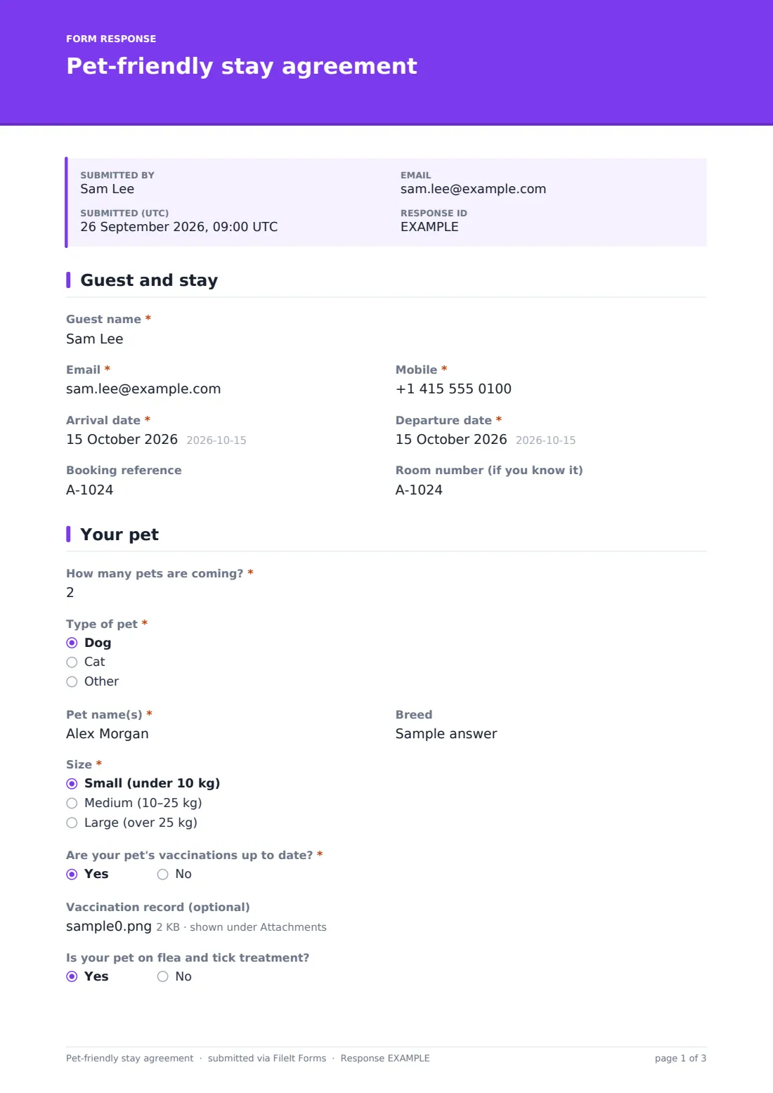 Pet-friendly stay agreement — example response PDF, page 1 of 3