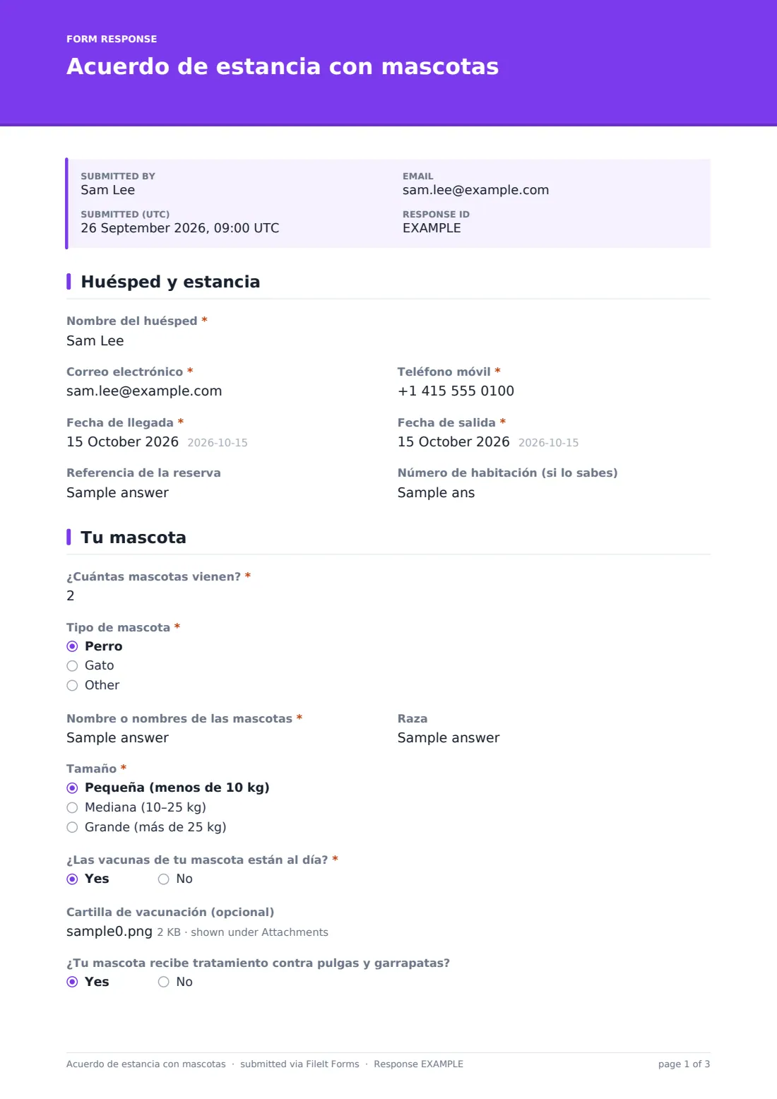 Acuerdo de estancia con mascotas — PDF de respuesta de ejemplo, página 1 de 3