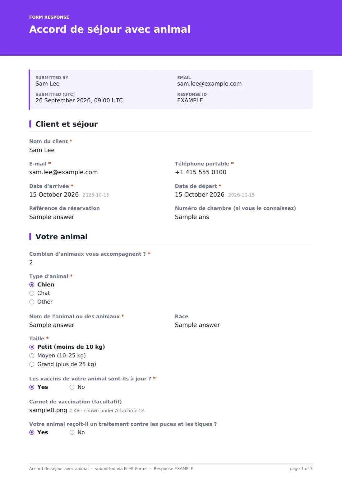 Accord de séjour avec animal — exemple de réponse au format PDF, page 1 sur 3