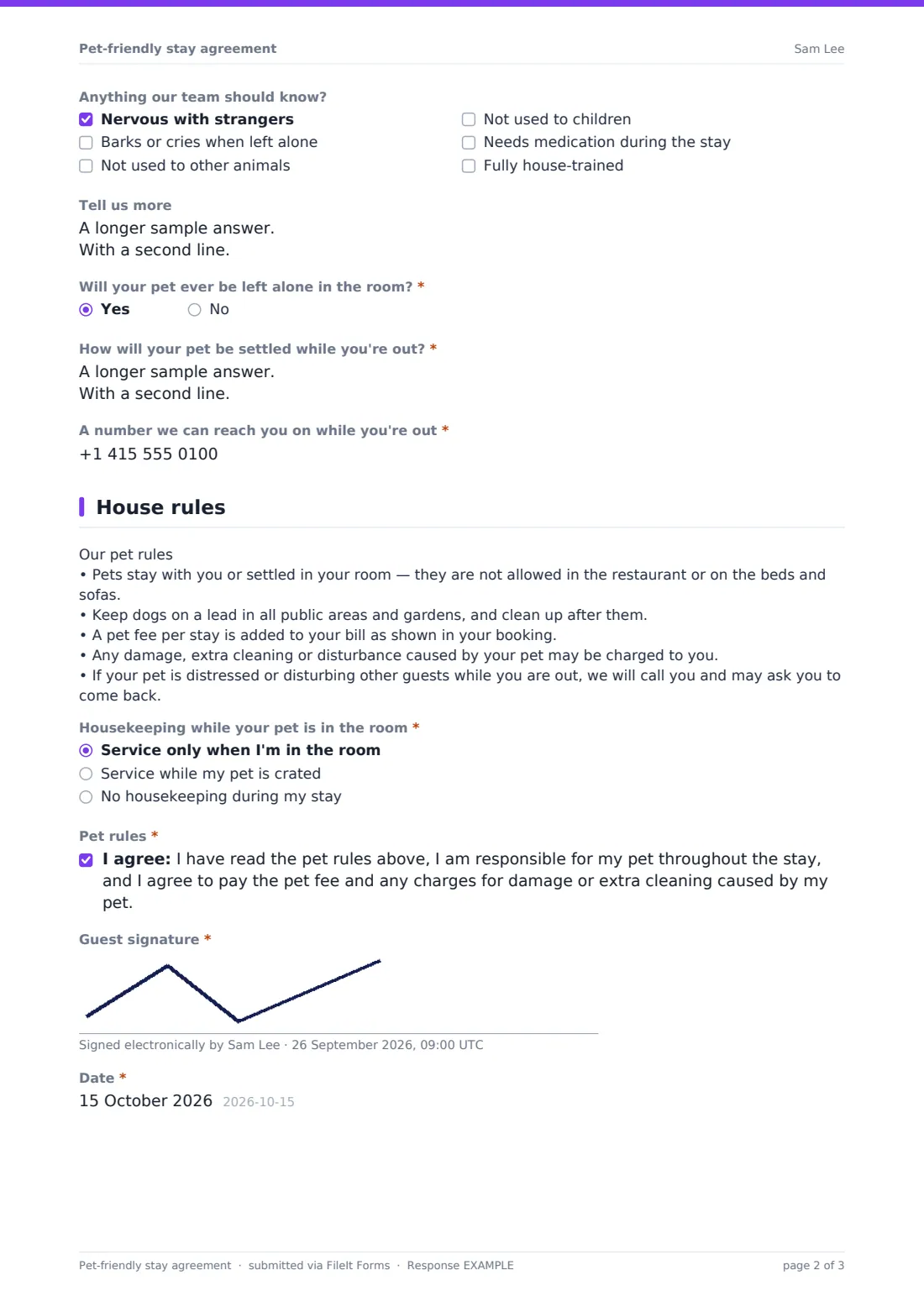 Pet-friendly stay agreement — example response PDF, page 2 of 3