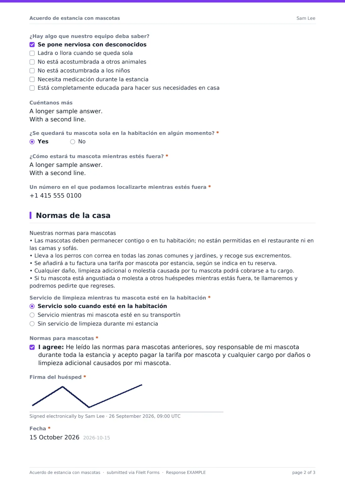 Acuerdo de estancia con mascotas — PDF de respuesta de ejemplo, página 2 de 3
