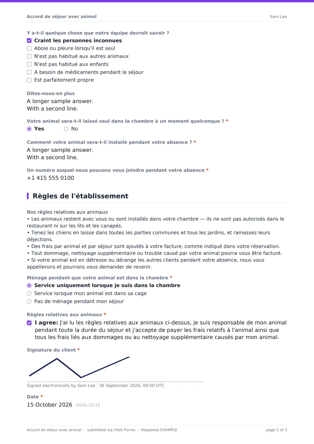 Accord de séjour avec animal — exemple de réponse au format PDF, page 2 sur 3