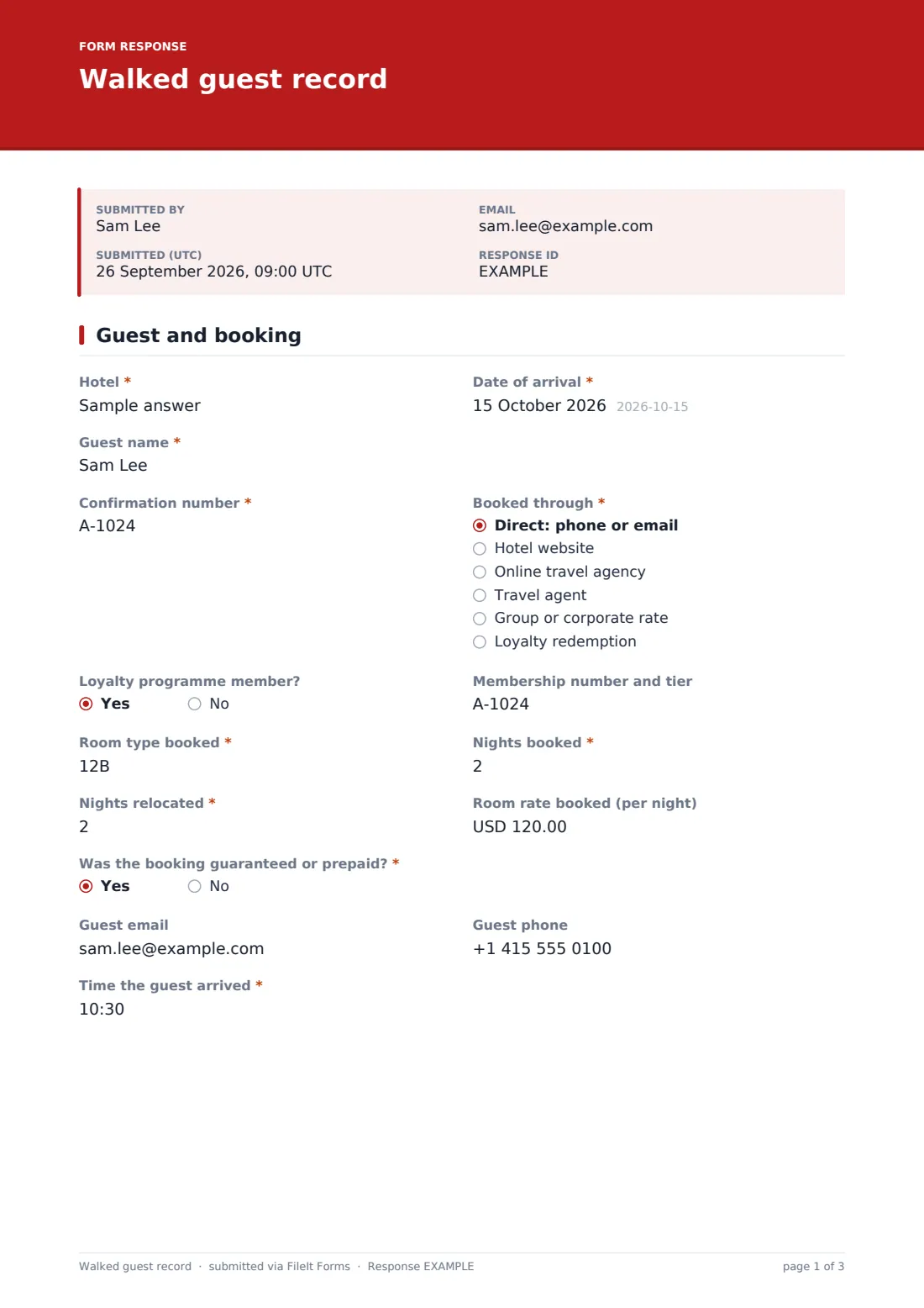 Walked guest record — example response PDF, page 1 of 3
