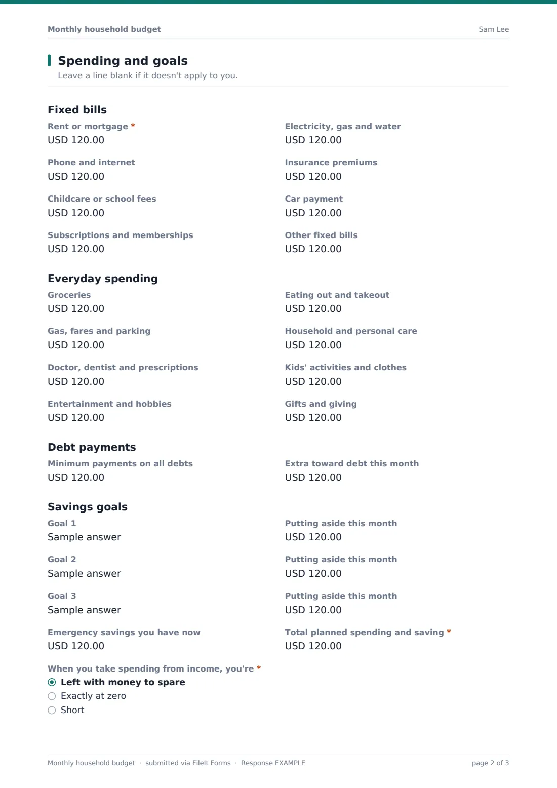 Monthly household budget — example response PDF, page 2 of 3