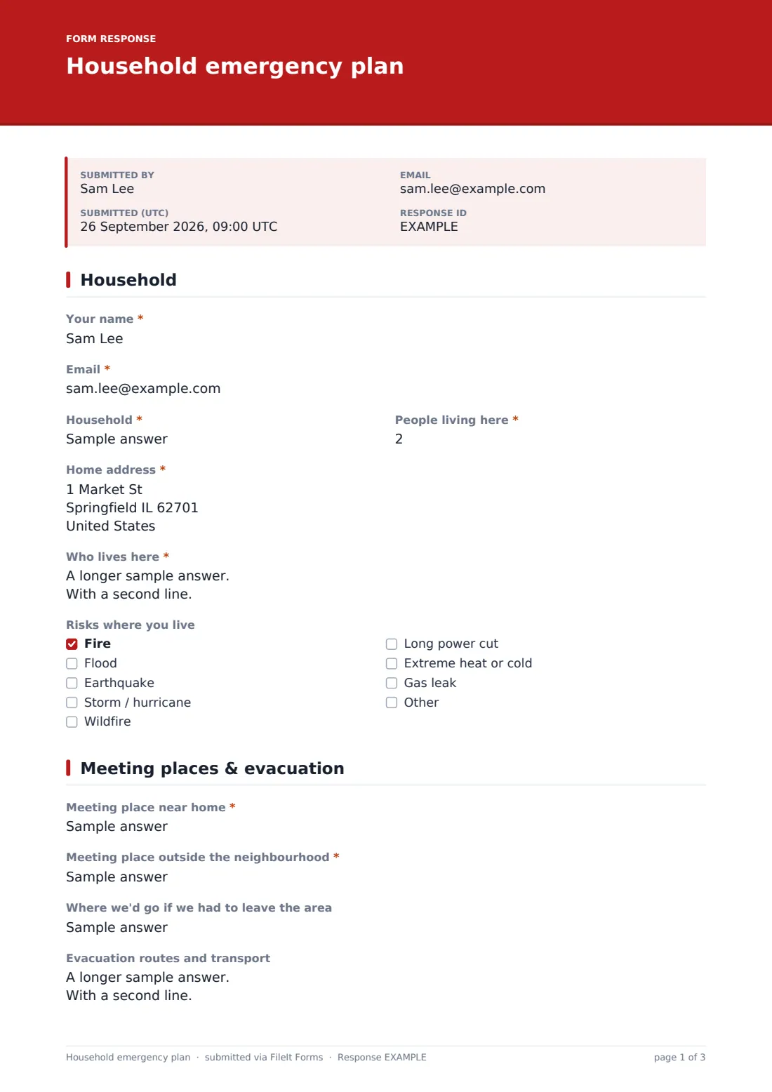 Household emergency plan — example response PDF, page 1 of 3