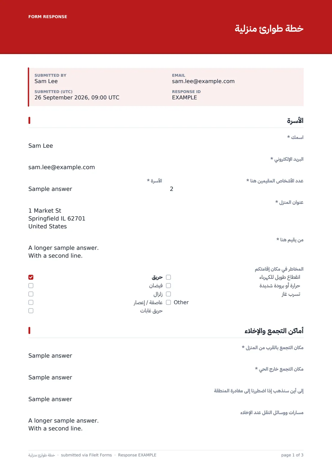 خطة طوارئ منزلية — ملف PDF لرد نموذجي، الصفحة 1 من 3