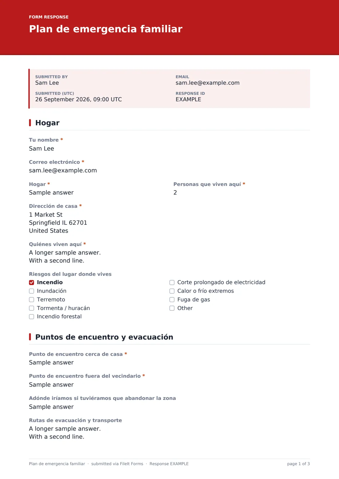 Plan de emergencia familiar — PDF de respuesta de ejemplo, página 1 de 3
