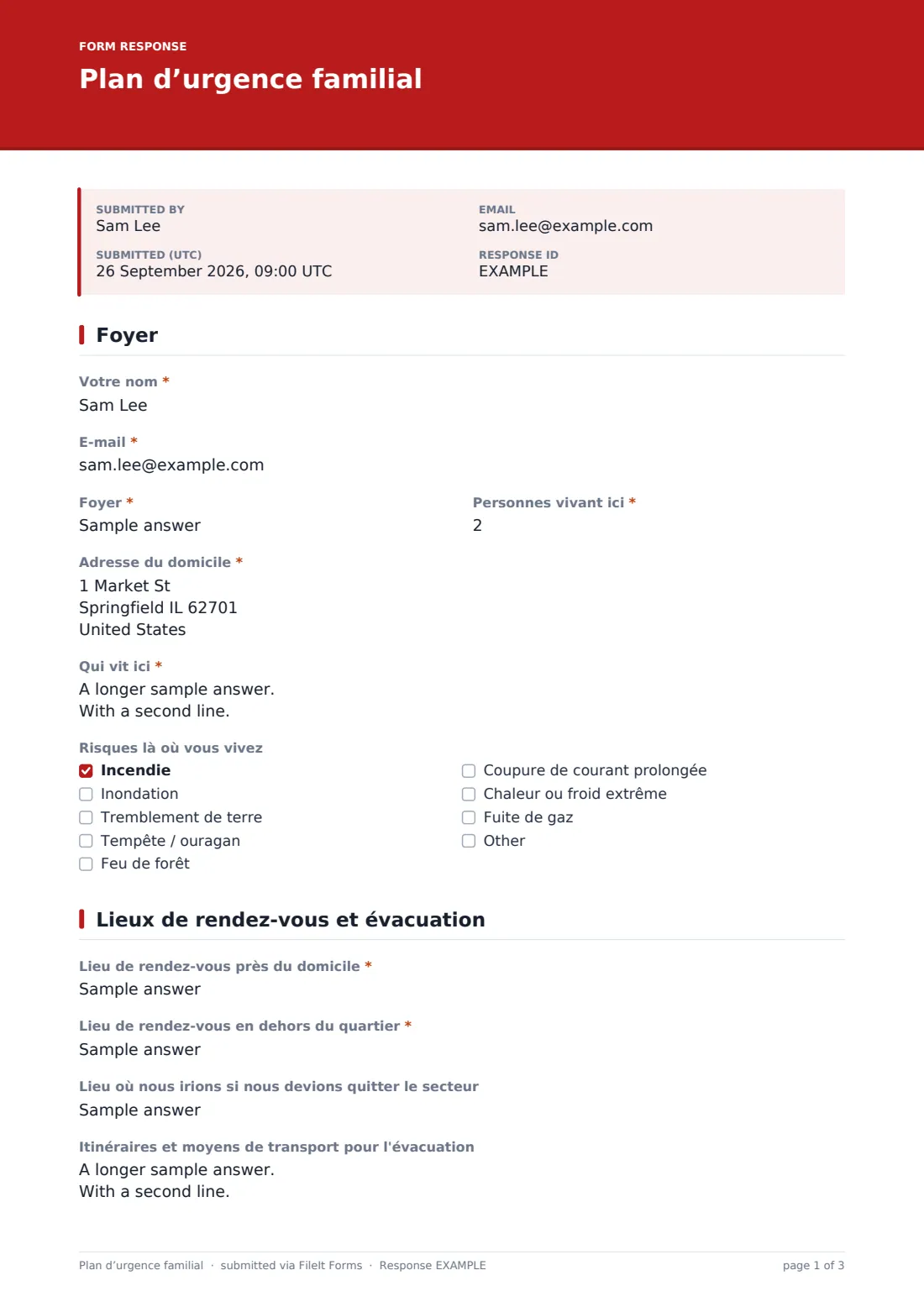 Plan d’urgence familial — exemple de réponse au format PDF, page 1 sur 3